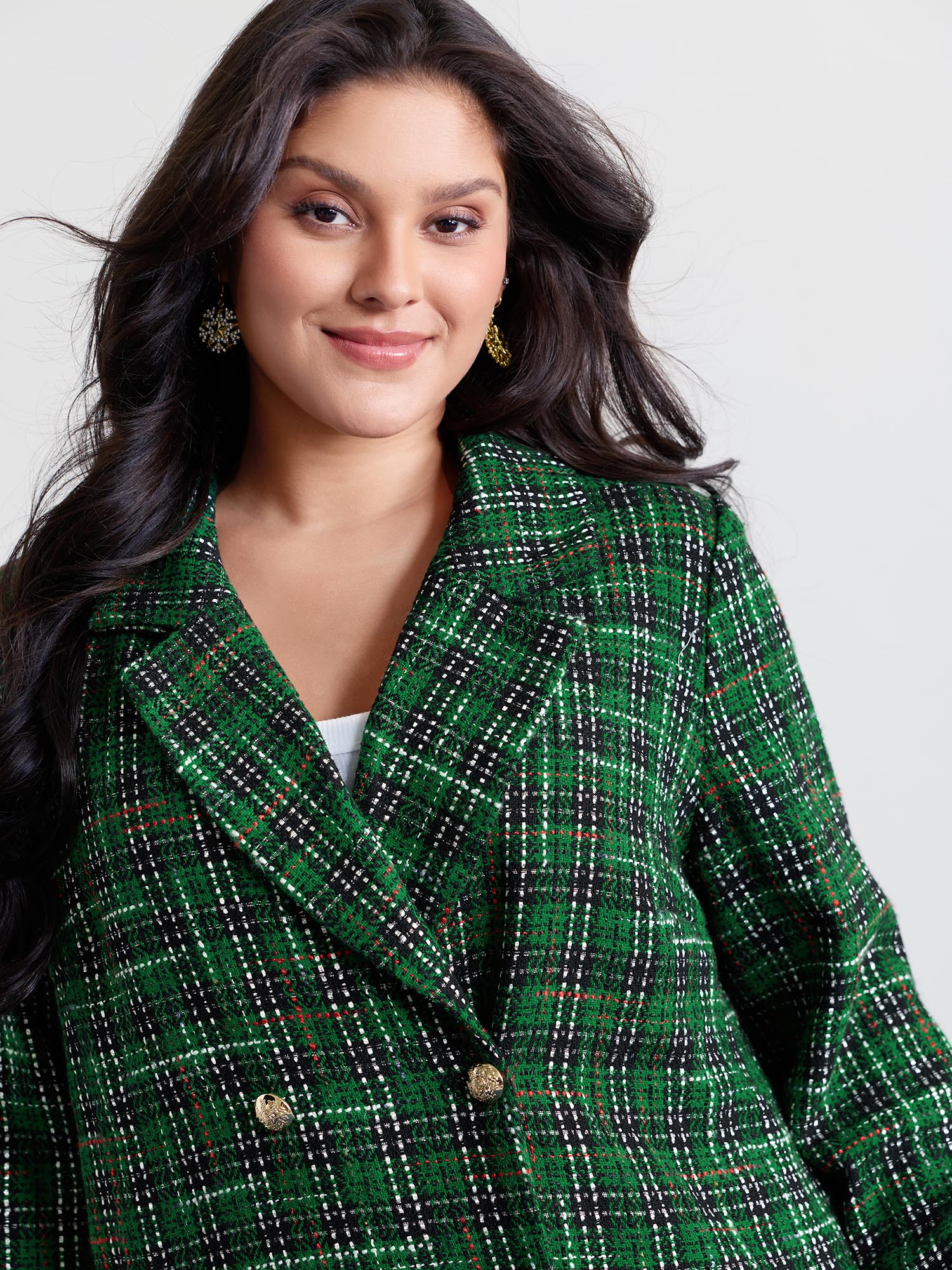 Side view of BloomChic Women's Plus Size Tweed Plaid Double Button Blazer Truegreen Texture Sleeve Extra Long Sleeve 18-20/2X
