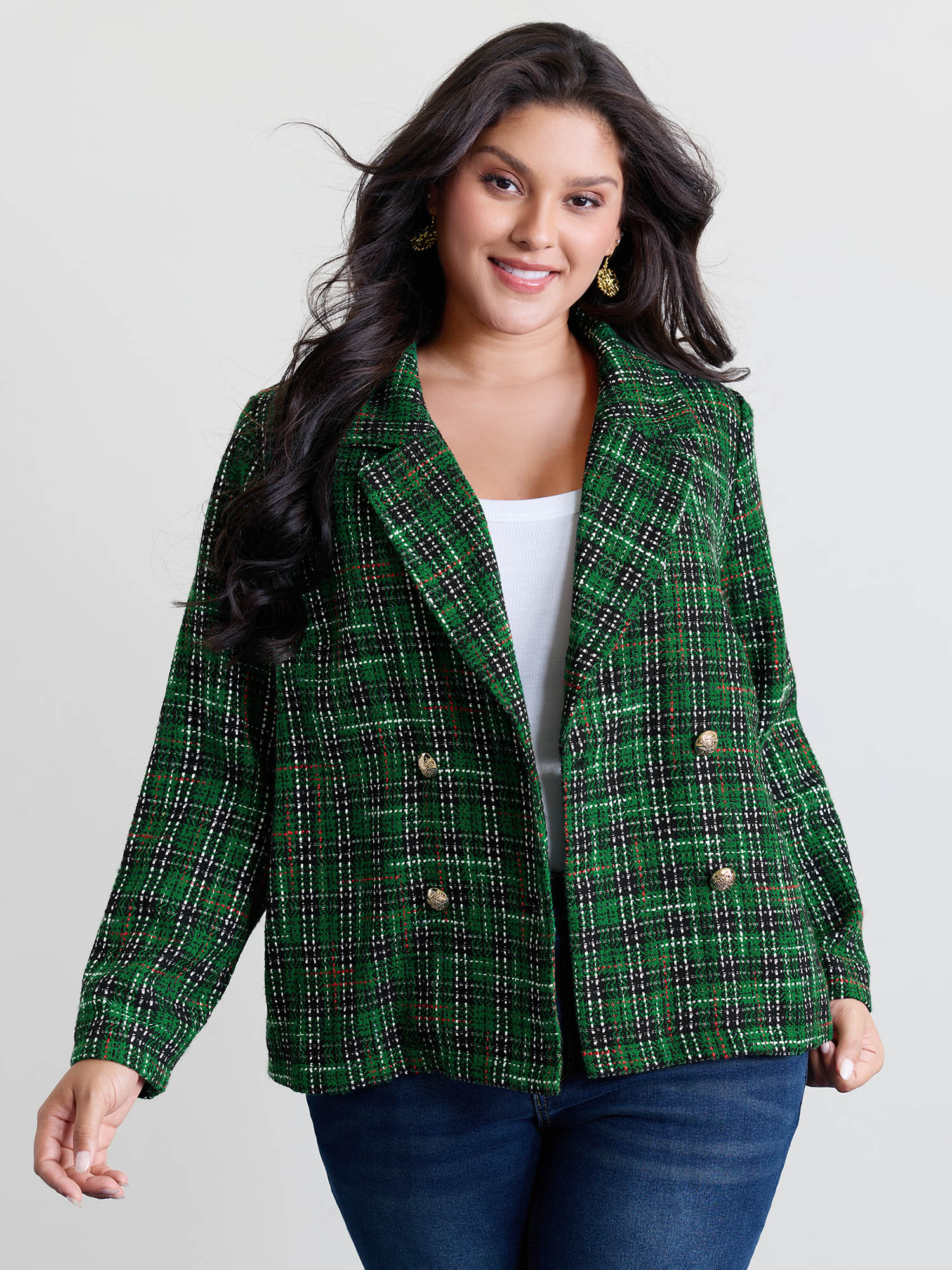 Side view of BloomChic Women's Plus Size Tweed Plaid Double Button Blazer Truegreen Texture Sleeve Extra Long Sleeve 18-20/2X