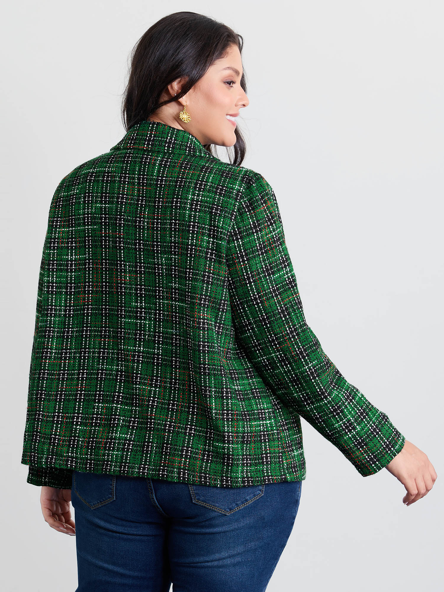 Side view of BloomChic Women's Plus Size Tweed Plaid Double Button Blazer Truegreen Texture Sleeve Extra Long Sleeve 18-20/2X