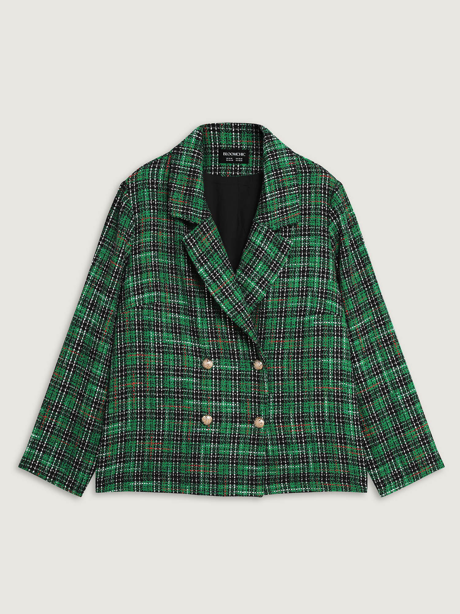 Side view of BloomChic Women's Plus Size Tweed Plaid Double Button Blazer Truegreen Texture Sleeve Extra Long Sleeve 18-20/2X