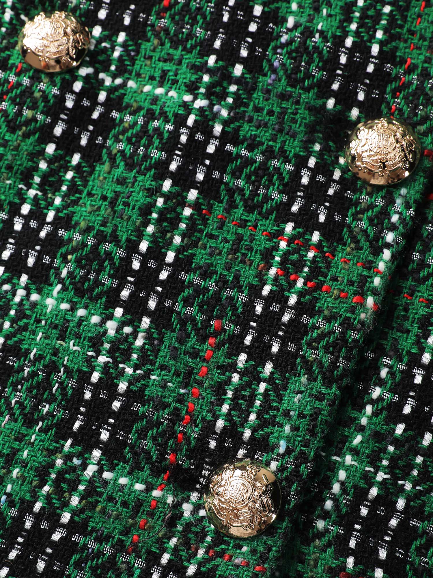 Side view of BloomChic Women's Plus Size Tweed Plaid Double Button Blazer Truegreen Texture Sleeve Extra Long Sleeve 18-20/2X