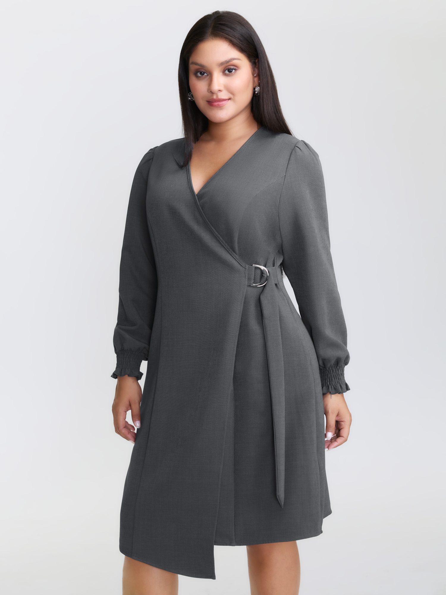 BloomChic Women's Plus Size Side Buckle Cinched-Waist Faux Wrap Midi Dress DimGray Knee Office Overlapping 10/M