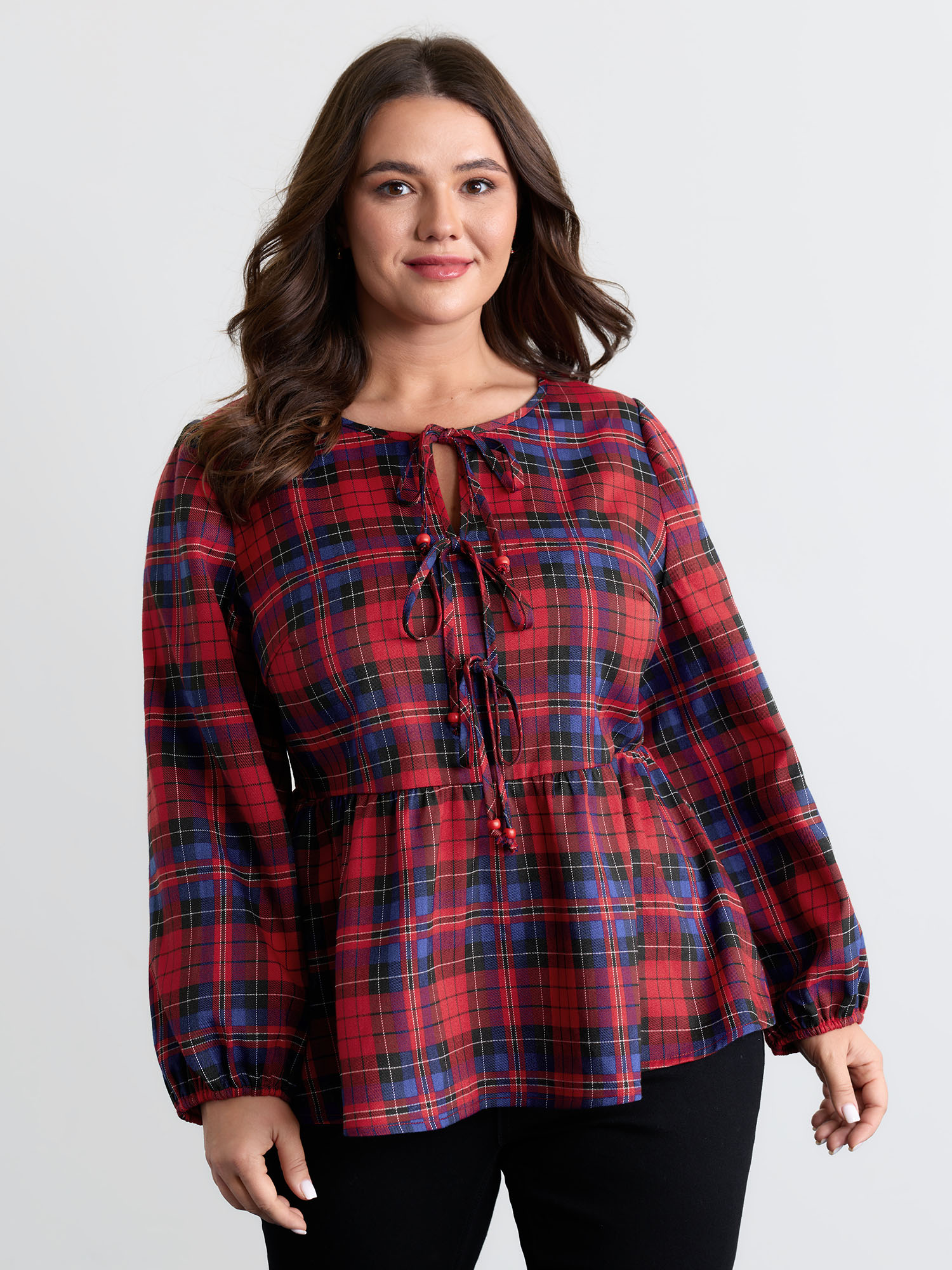 BloomChic Plus Size Festive Plaid Bowknots Adjustable Blouse - Women's Brightred Plaid Round Neck Long Sleeve Americana Daily Blouses 16/L