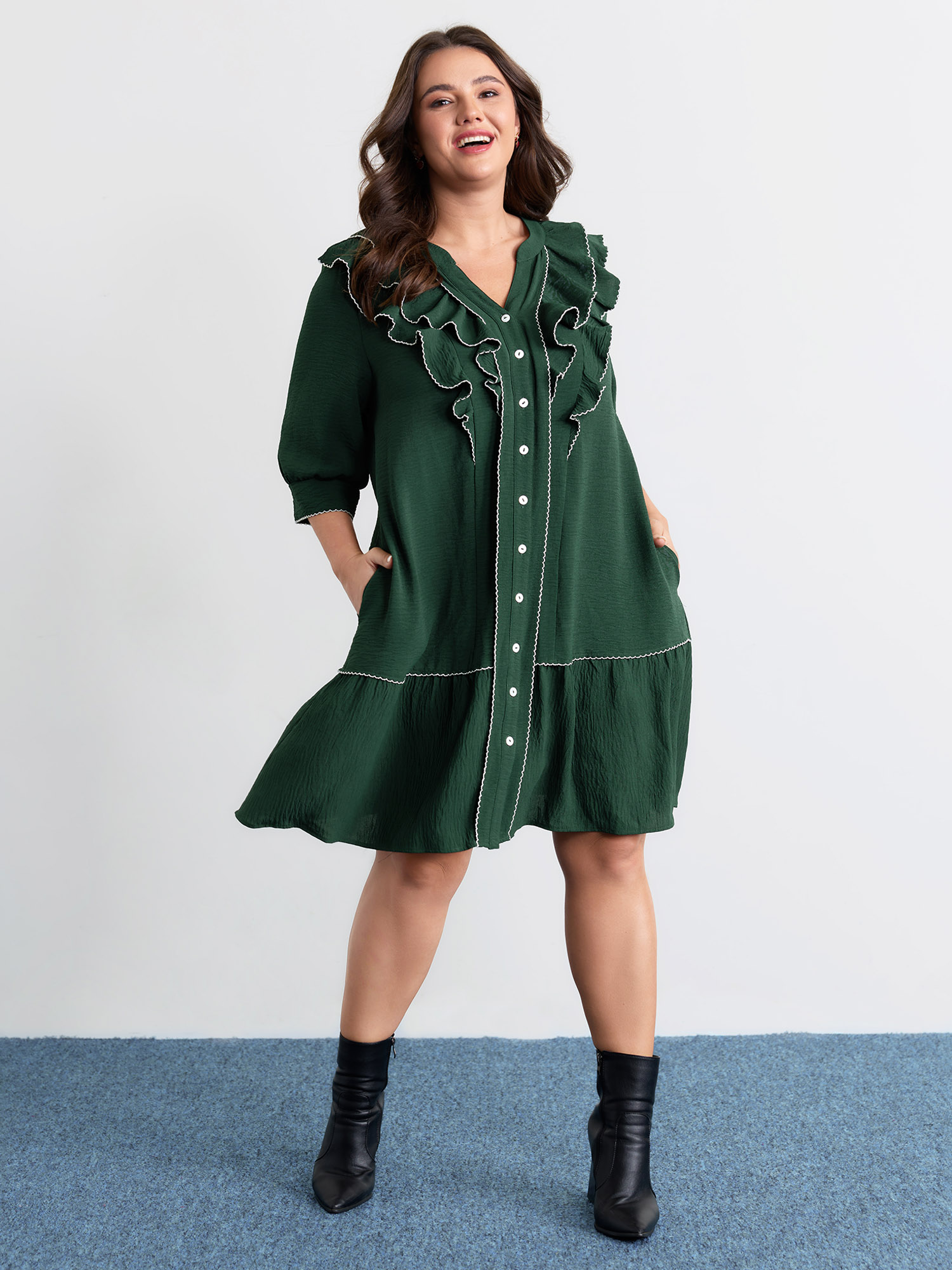 BloomChic Plus Size Ruffled Neck Tiered Button Knee-Length Dress - Curve Ladies DarkGreen Playful 3/4 Sleeve Side seam pocket Daily Dresses 22-24/2X