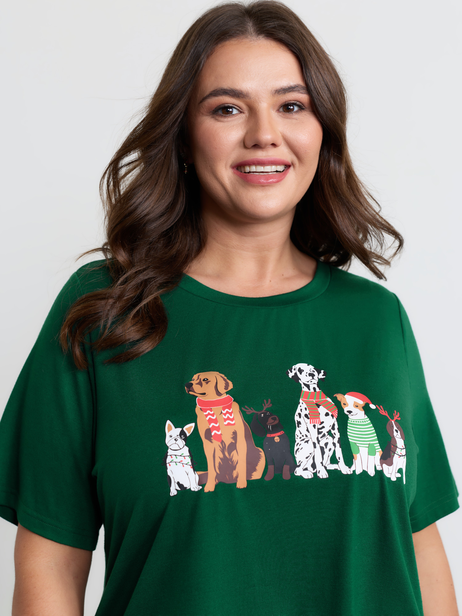 BloomChic Women's Plus Size Happy Holiday Dogs Print T-Shirt DarkGreen Graphic Everyday-Casual Short sleeve Round Neck 10/M