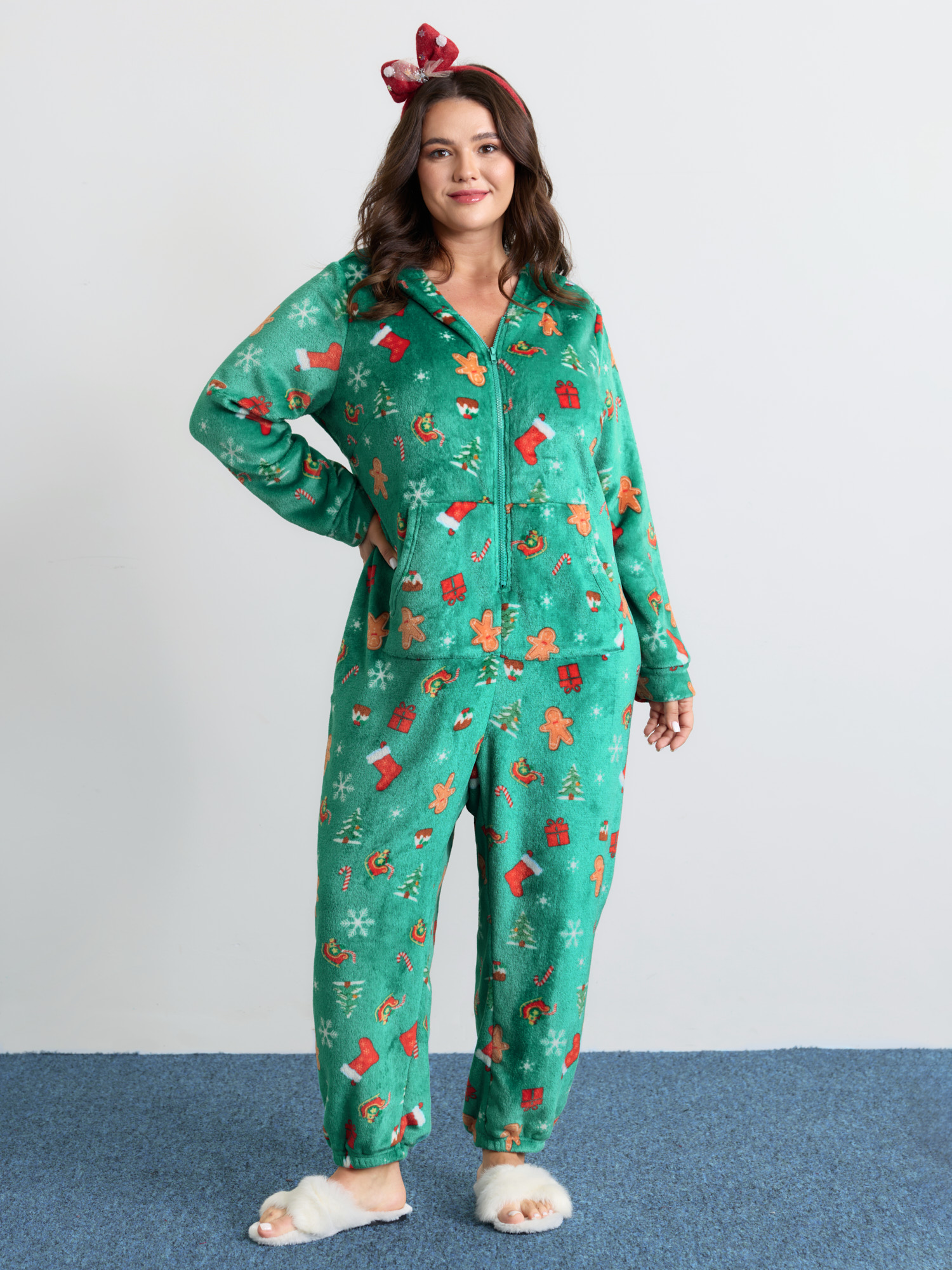 BloomChic Women's Plus Size Fleece Holiday Joy Pockets Hooded Pajama Onesie Teal Non Pajama Jumpsuits 10/M