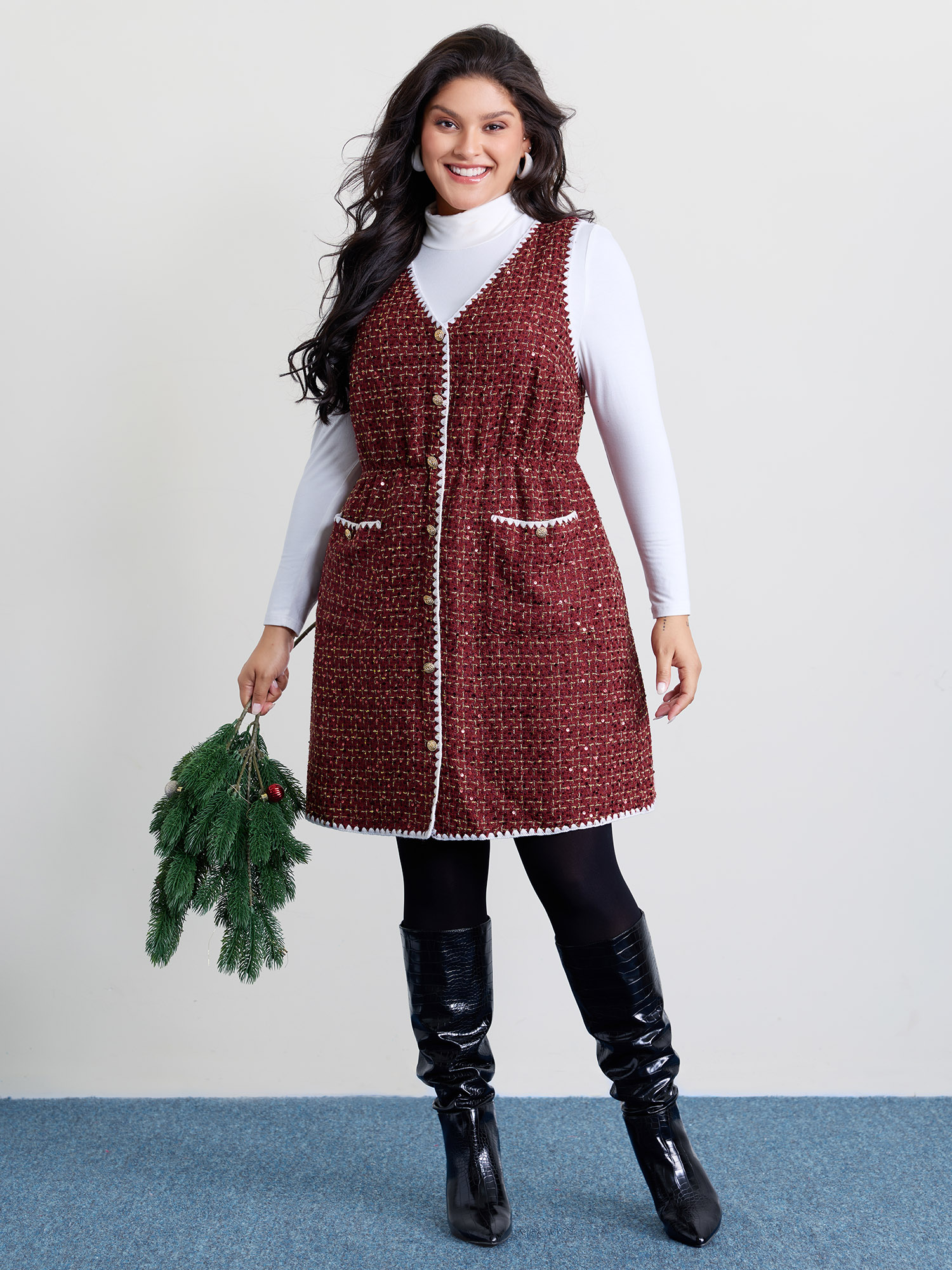 BloomChic Women's Plus Size Holiday Tweed Contrast Edge Mini Dress Rosewood Plaid Midi Everyday-Elegant Colorblock 26/4X