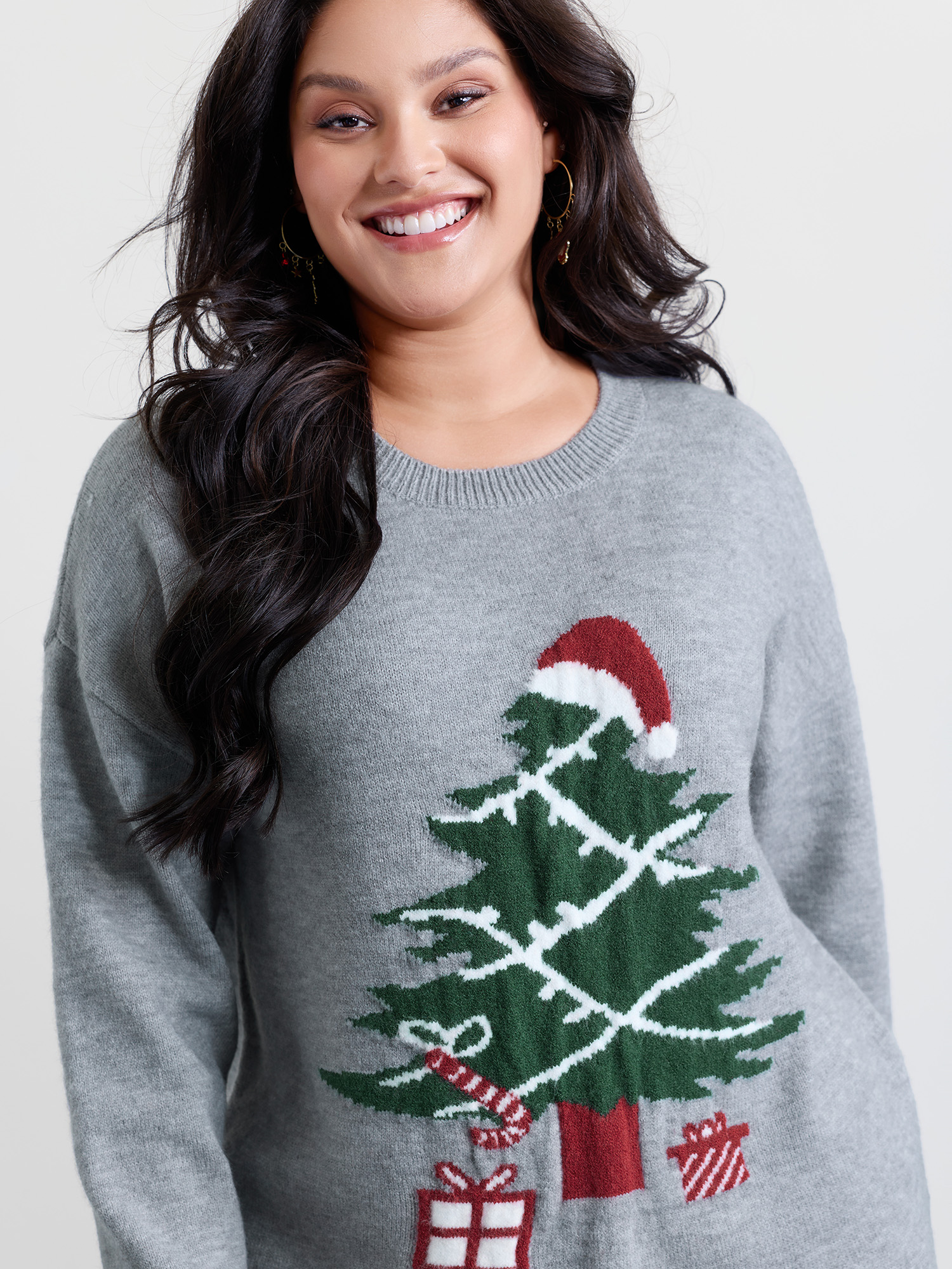 BloomChic Women's Plus Size Holiday Tree Jacquard Round Neck Pullover Mediumgray Graphic-Christmas Long Sleeve Round Neck 10/M