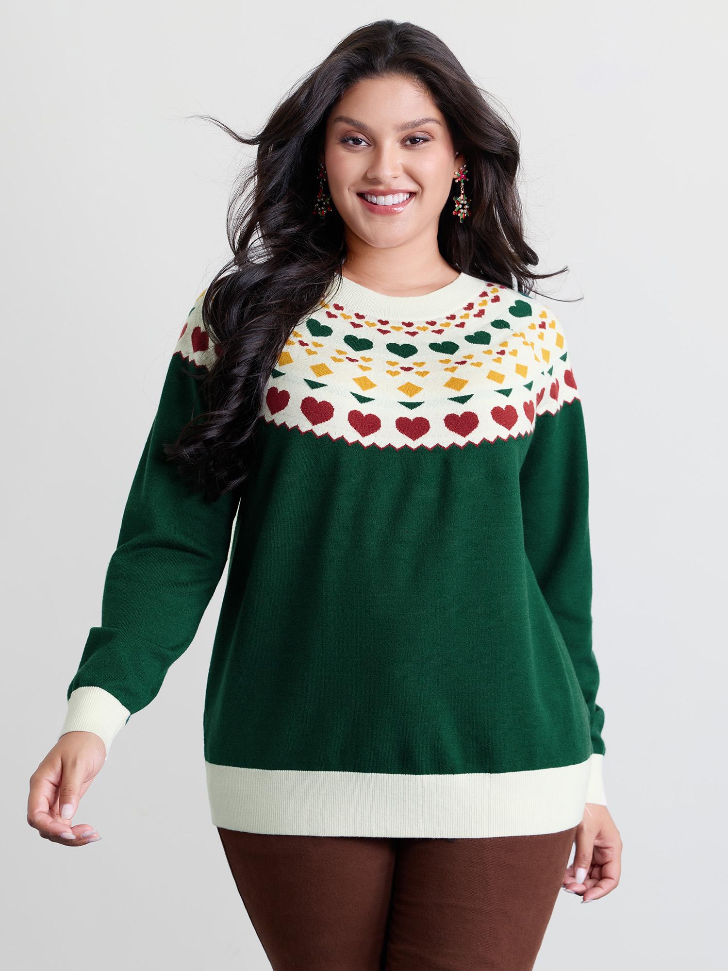 BloomChic Women's Plus Size Colorful Heart Jacquard Round Neck Pullover DarkGreen Long Sleeve 10/M