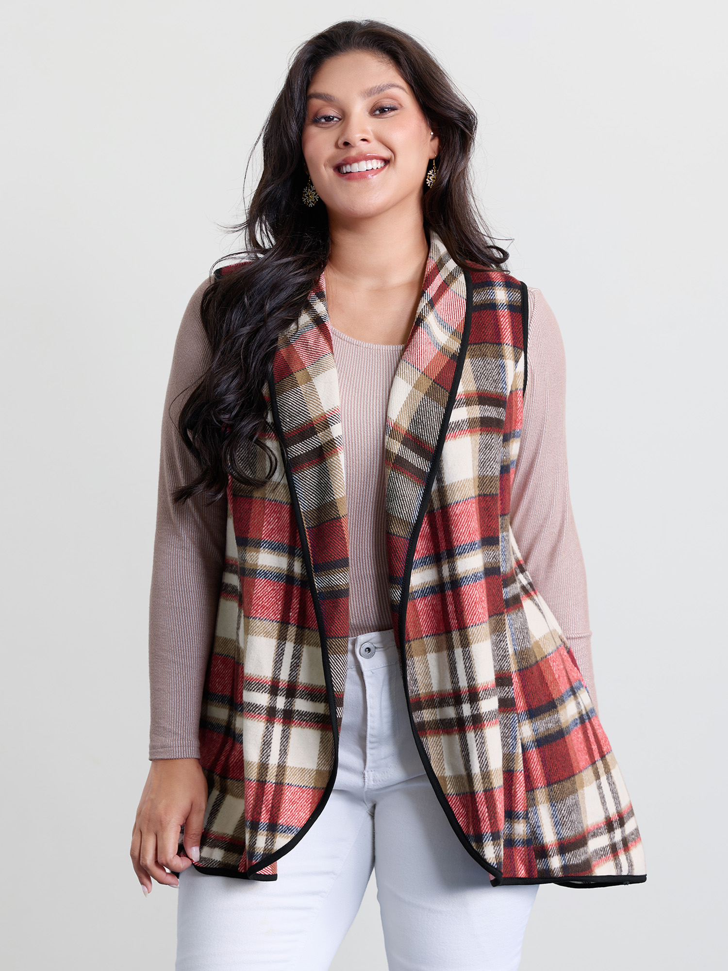 BloomChic Women's Plus Size Plaid Curvy Hem Open-Front Vest Multicolor Colorblock 28/5X-image-47543903846570