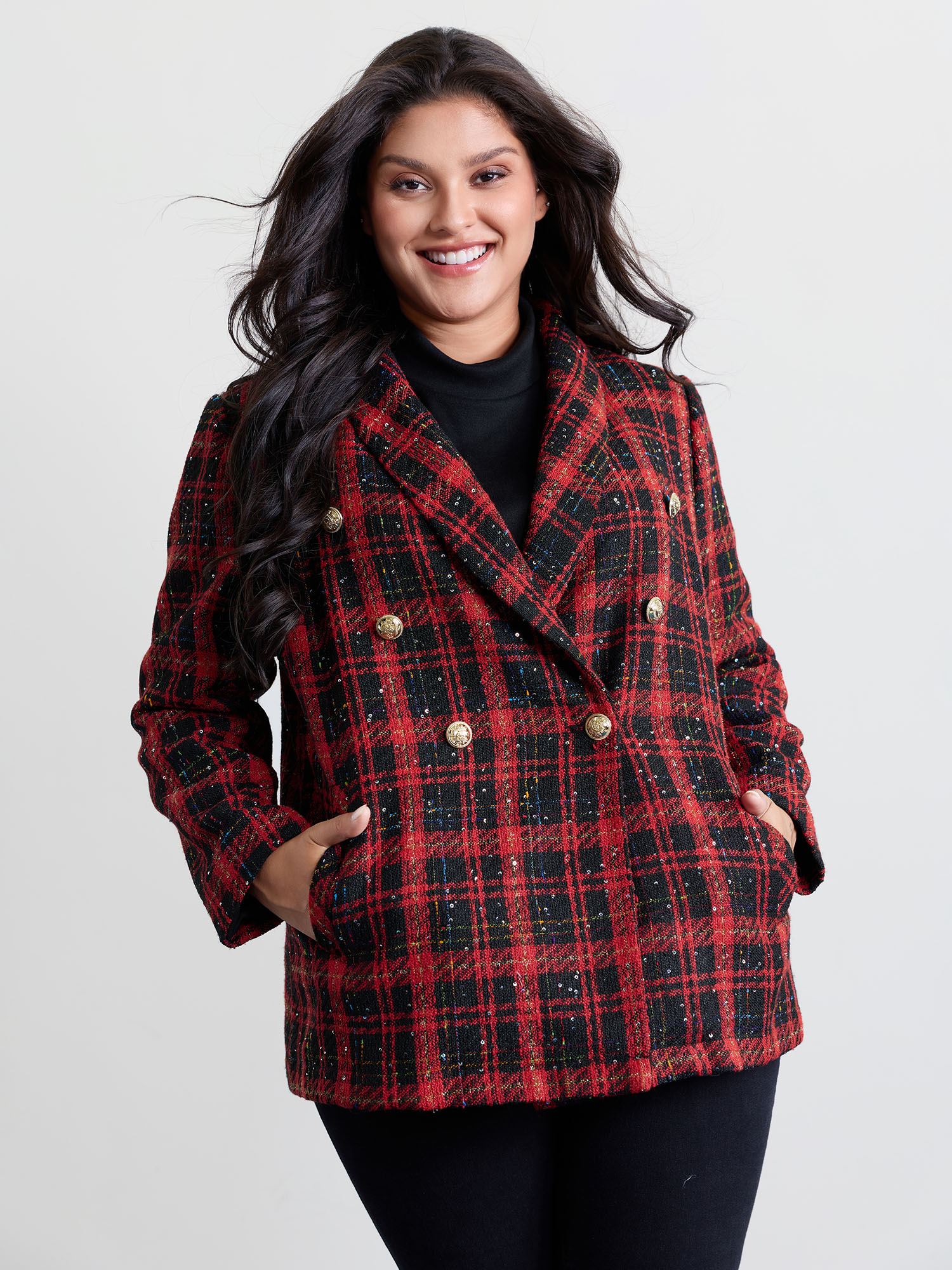 BloomChic Women's Plus Size Holiday Plaid Textured Button Blazer Multicolor Texture Sleeve Extra Long Sleeve 12/L-image-47543906861226