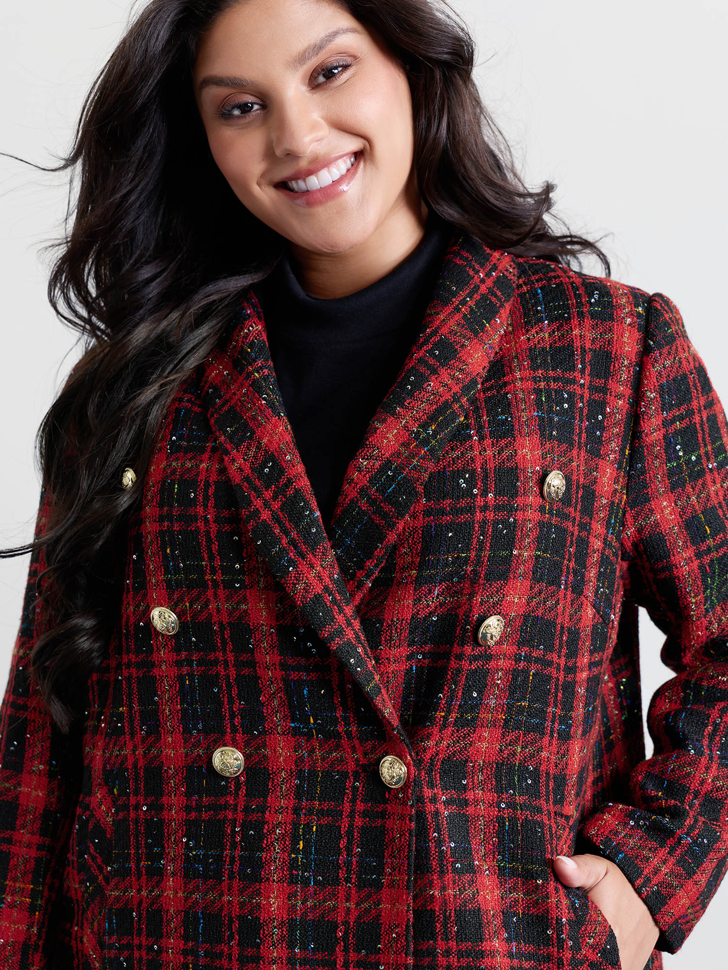 Side view of BloomChic Women's Plus Size Holiday Plaid Textured Button Blazer Multicolor Texture Sleeve Extra Long Sleeve 18-20/2X