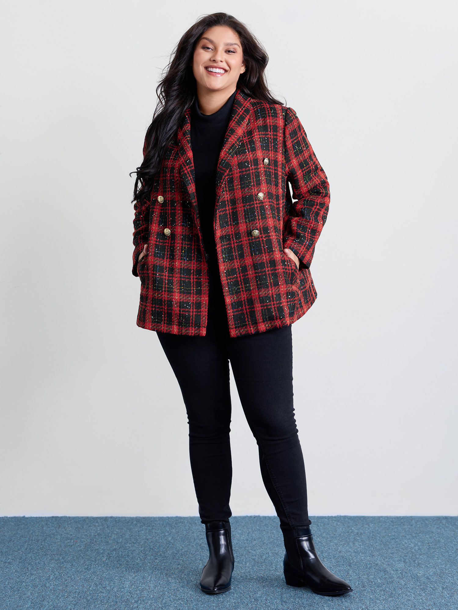 Side view of BloomChic Women's Plus Size Holiday Plaid Textured Button Blazer Multicolor Texture Sleeve Extra Long Sleeve 18-20/2X