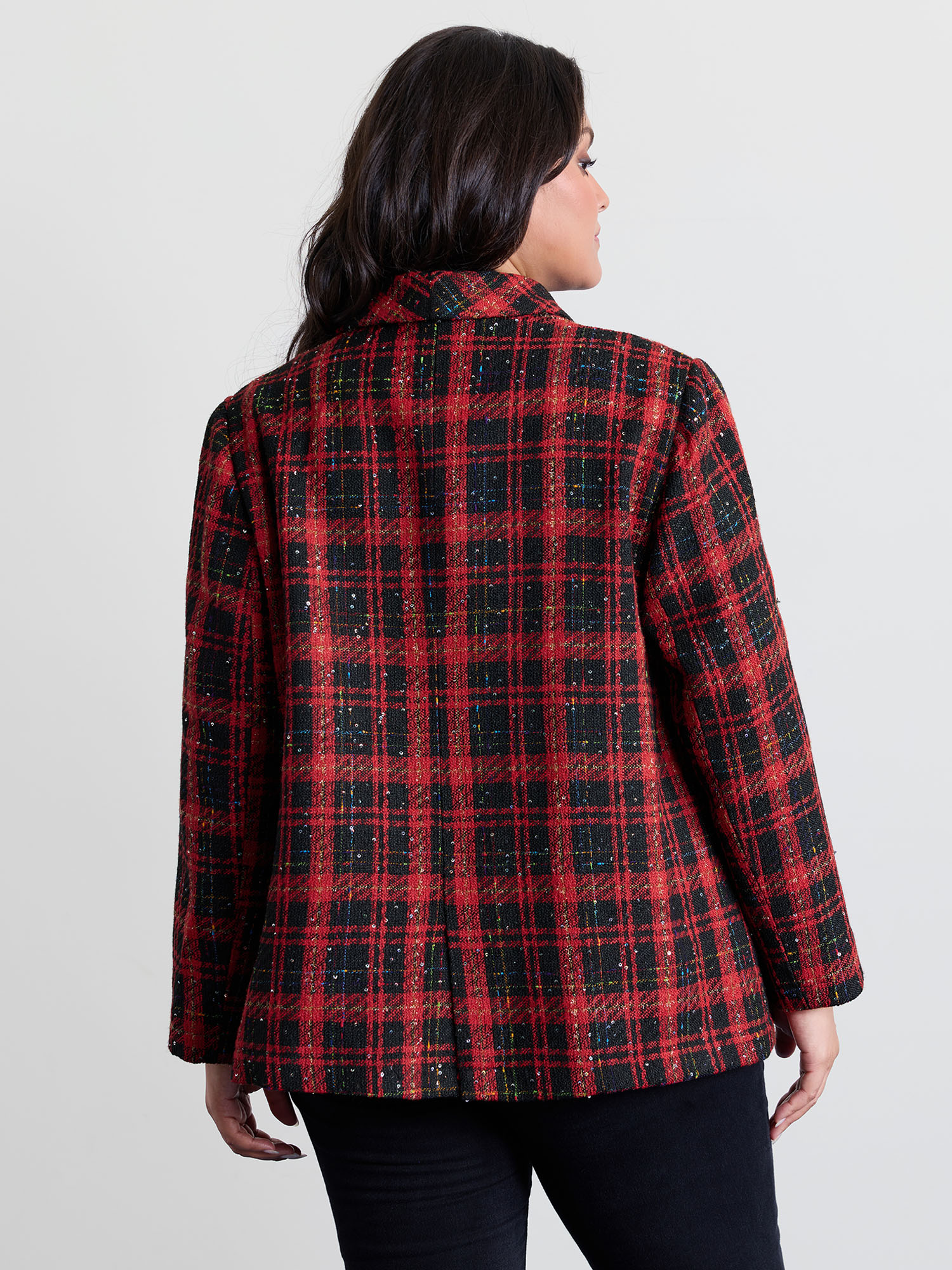 Side view of BloomChic Women's Plus Size Holiday Plaid Textured Button Blazer Multicolor Texture Sleeve Extra Long Sleeve 18-20/2X