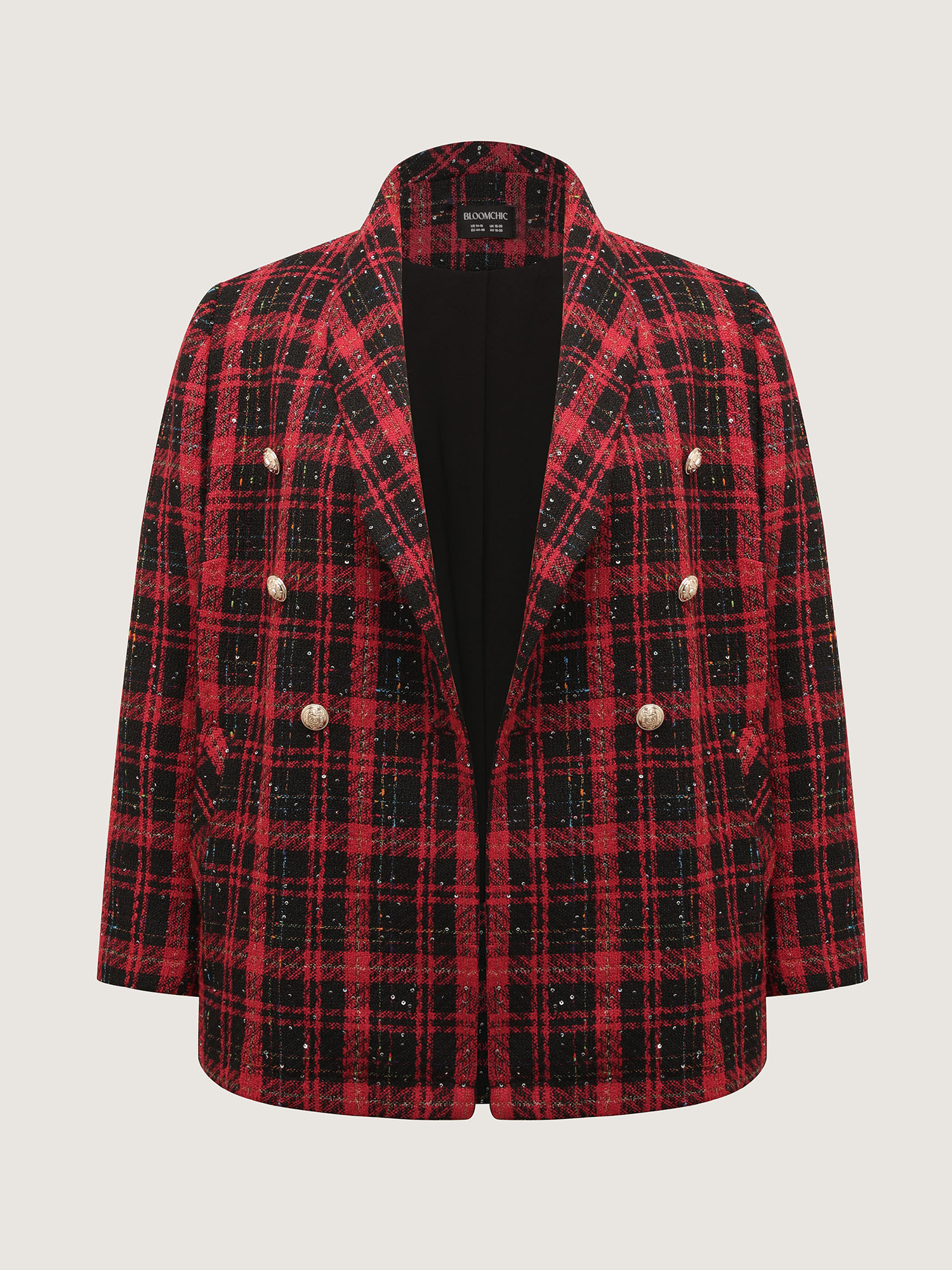 Side view of BloomChic Women's Plus Size Holiday Plaid Textured Button Blazer Multicolor Texture Sleeve Extra Long Sleeve 18-20/2X