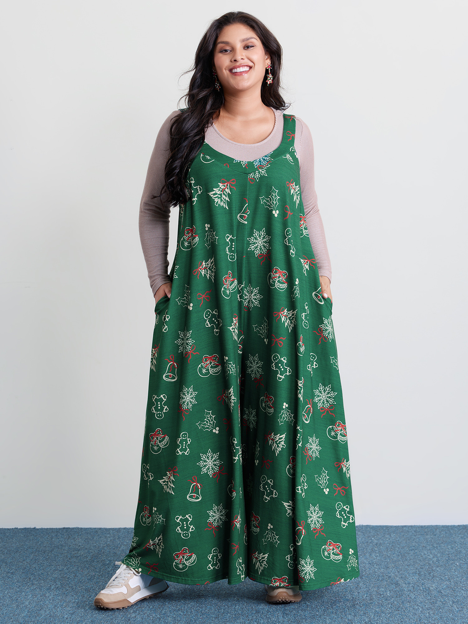 BloomChic Women's Plus Size Tree Gingerbread Print Knit Jumpsuit Truegreen Everyday-Casual Relaxed Fit 10/M