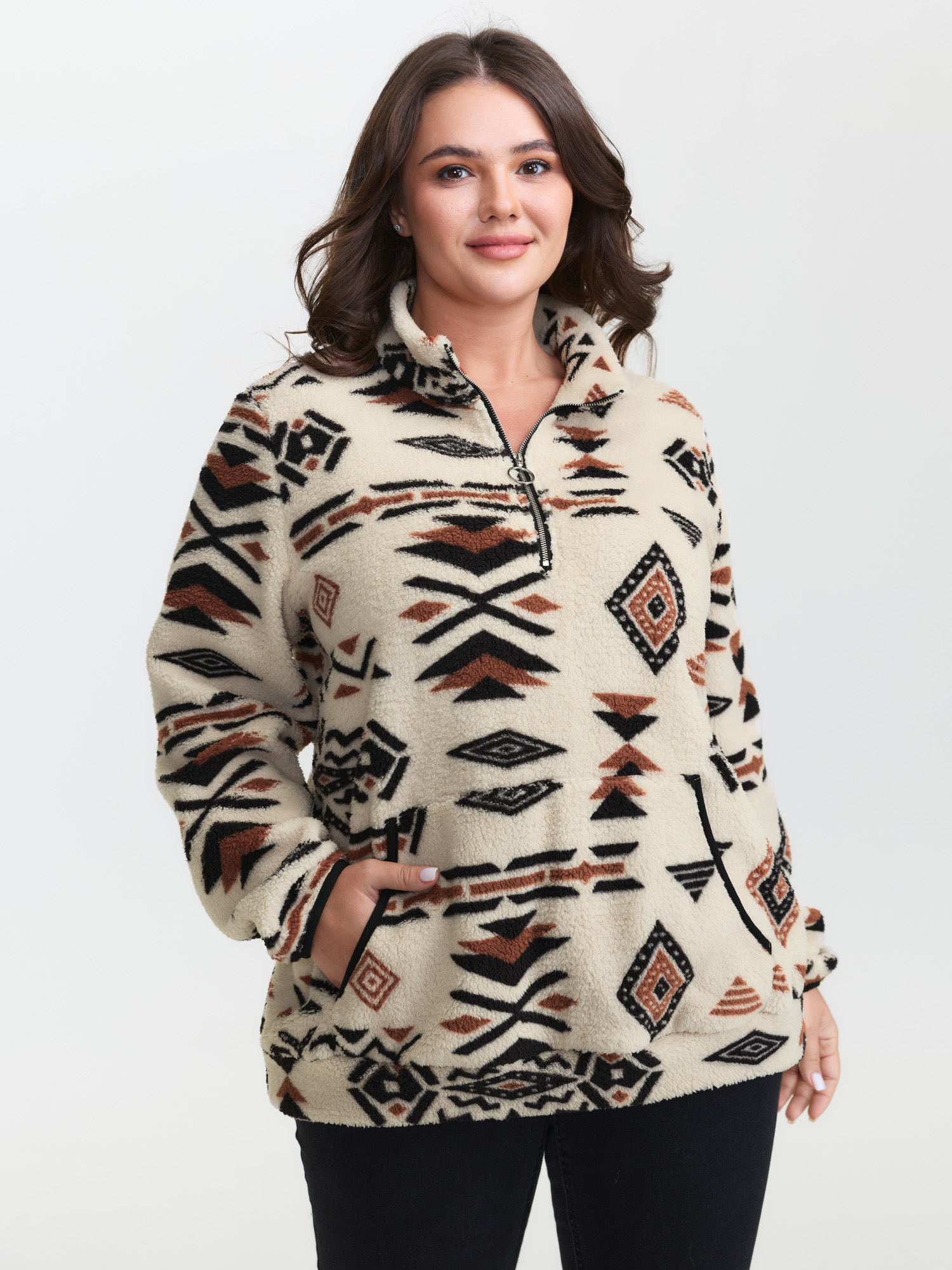 BloomChic Plus Size Fair Isle Fleece Zipper Sweatshirt - Women's LightBrown Star & Moon Round Neck Comfort Midsection Fit Long Sleeve Leisure Sweatshirts 14/M