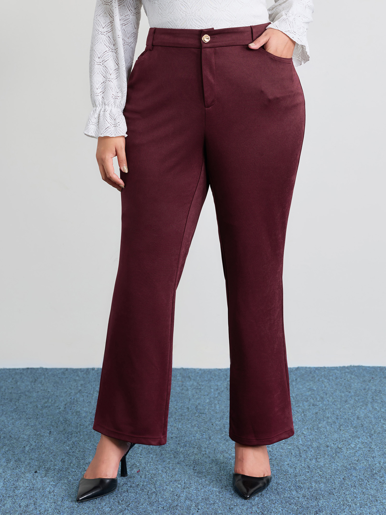 BloomChic Women's Plus Size Holiday Colors Flared Pants Deepred Solid Bootcut Mid Rise 10/M