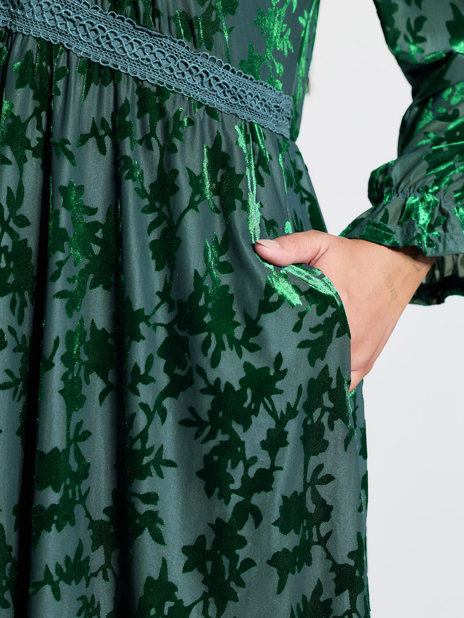 Side view of BloomChic Women's Plus Size Velvet Floral Print Lace Pockets Party Dress DarkGreen Party Knee 28/5X