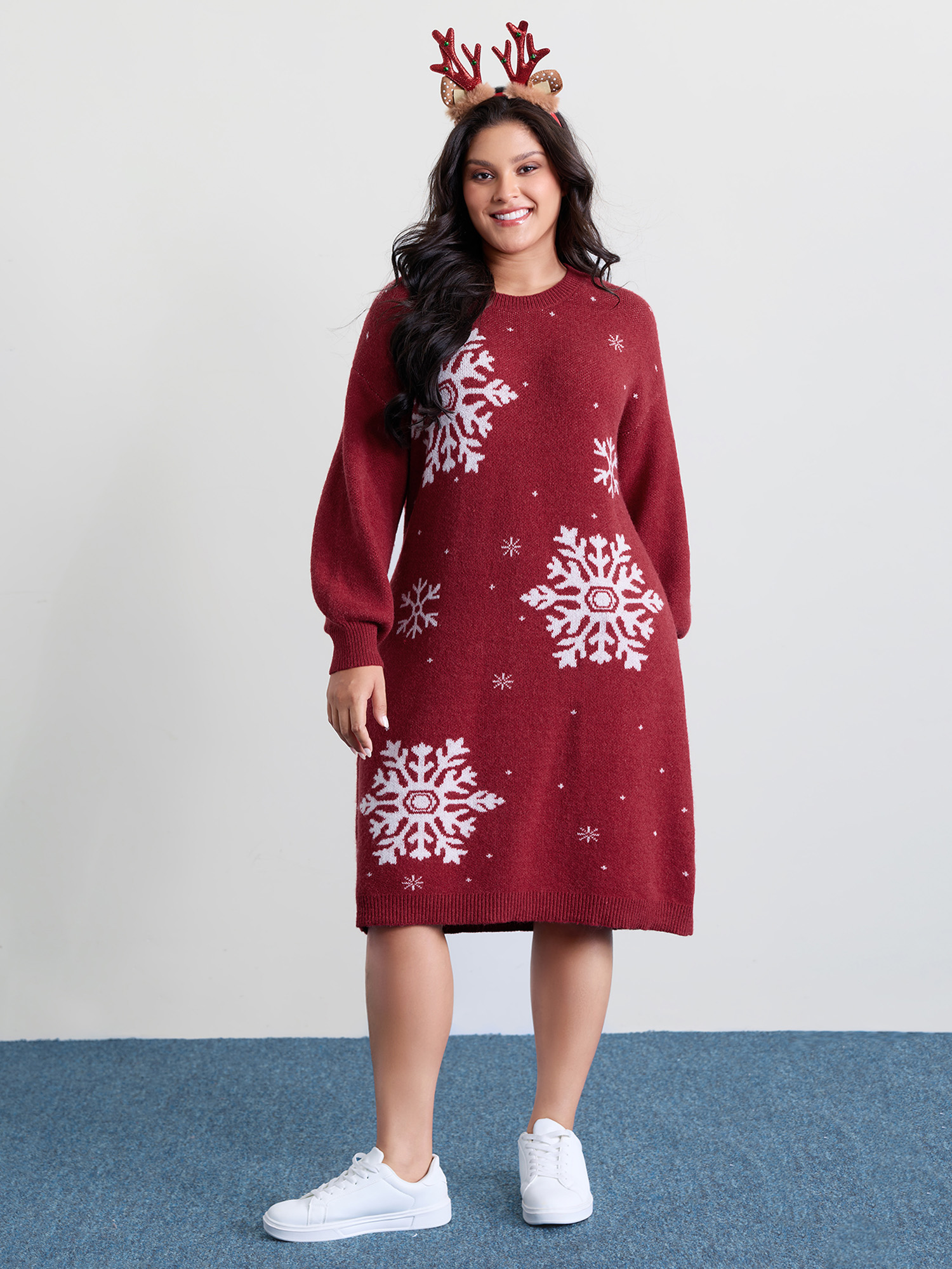 BloomChic Women's Plus Size Snowflake Pattern Drop Shoulder Sweater Dress Scarlet Geometric Short 10/M