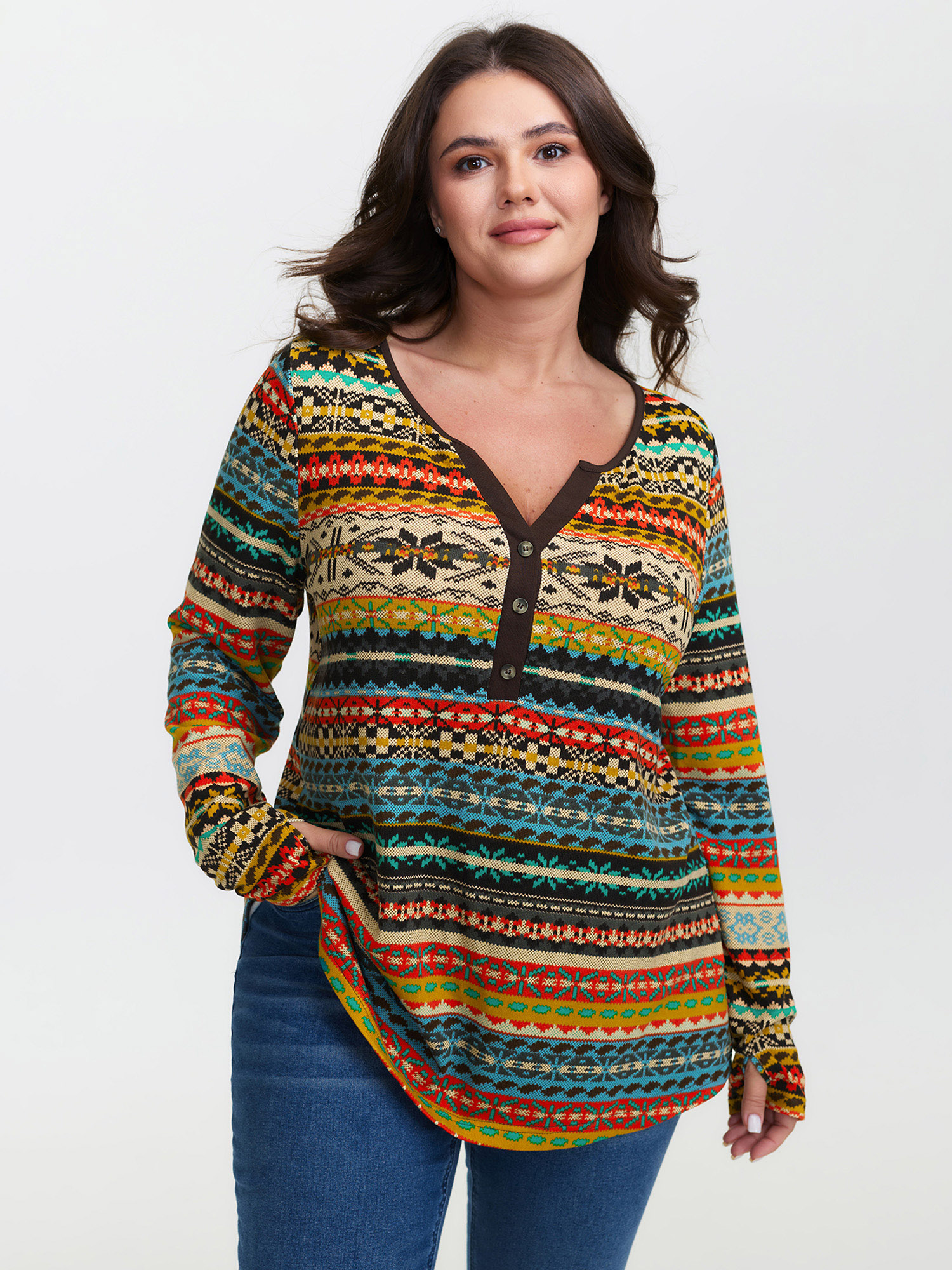 BloomChic Women's Plus Size Colorful Stripe Button Placket T-Shirt Multicolor Ethnic Floral Everyday-Casual Long Sleeve Round Neck 10/M