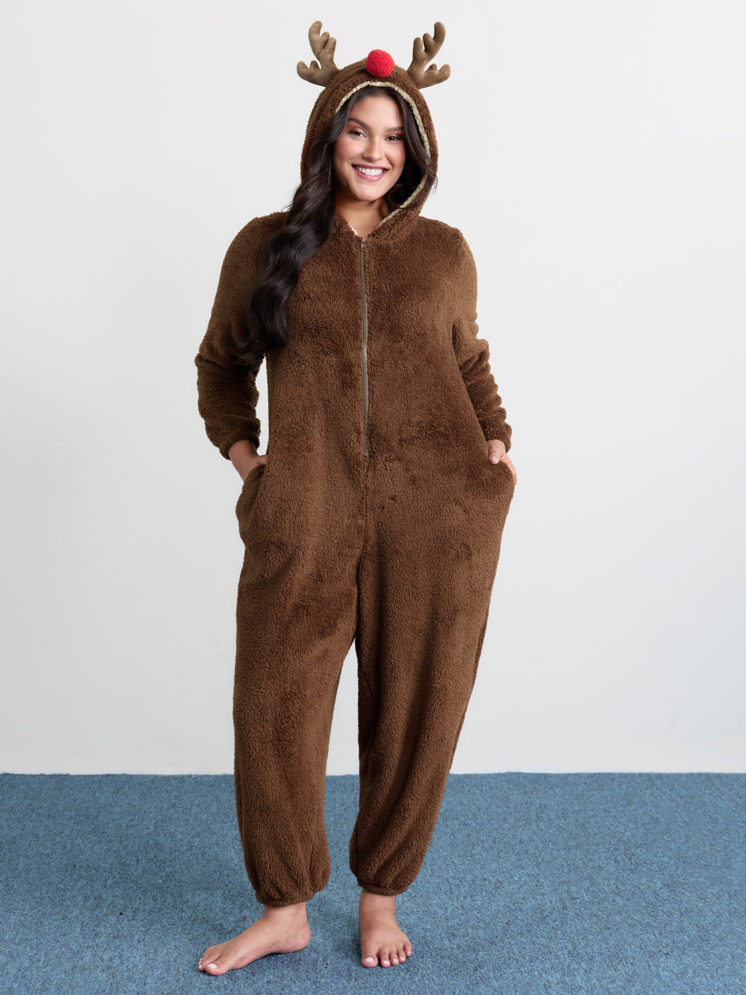 BloomChic Women's Plus Size Supersoft Cozy Reindeer Hooded Lounge Jumpsuit Shaved Chocolate not graphics 30/6X