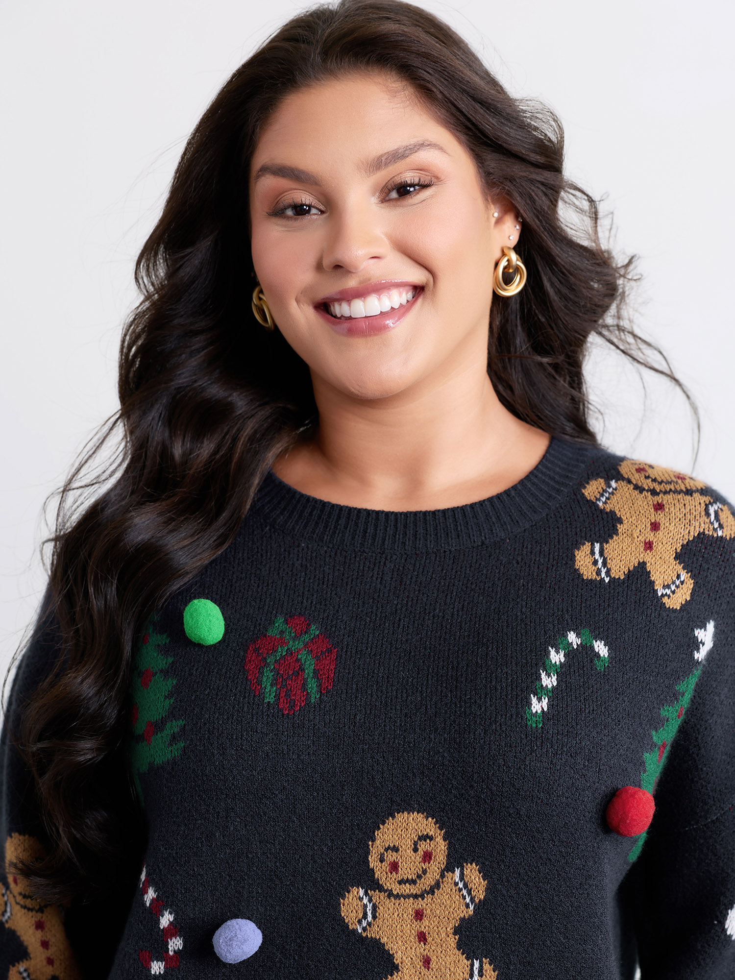 BloomChic Women's Plus Size Supersoft 3D Holiday Pattern Jacquard Pullover Midnight Christmas Long Sleeve 10/M