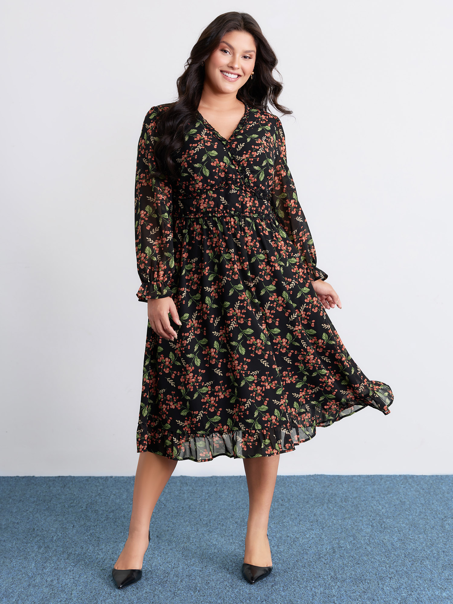 BloomChic Women's Plus Size Chiffon Floral Ruffled Trim Pockets Midi Dress Black Fruit and vegetable print Midi Everyday-Elegant Overlapping 10/M