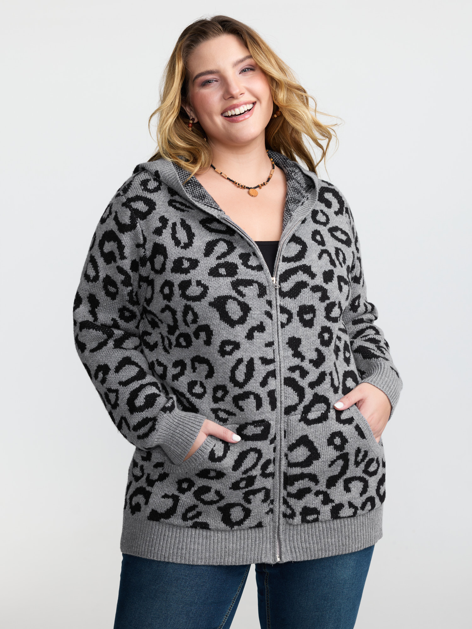BloomChic Women's Plus Size Leopard Print Jacquard Hooded Knit Cardigan DarkGray Long Sleeve 10/M