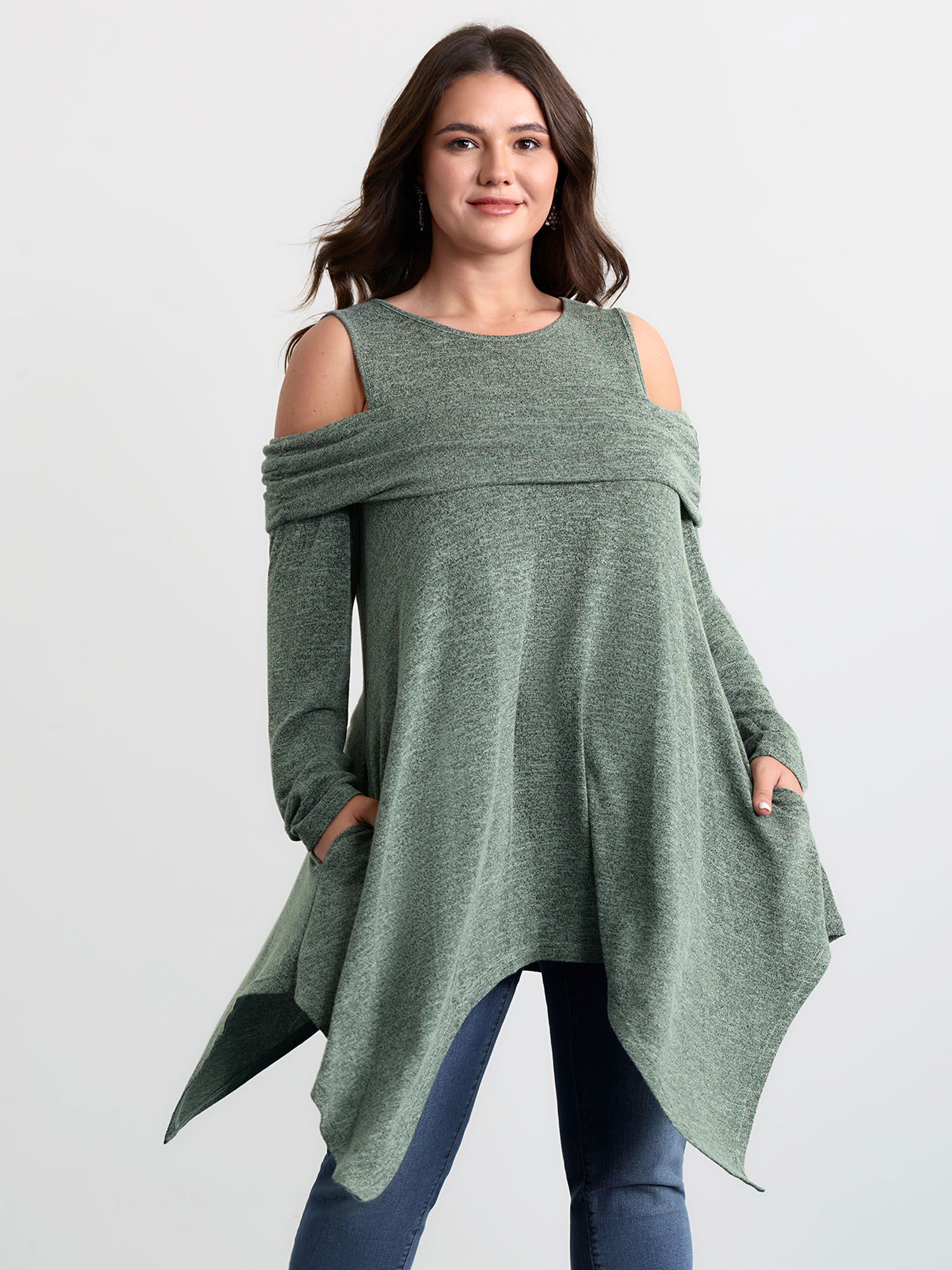BloomChic Women's Plus Size Supersoft Off-Shoulder Pleated Asymmetrical Hem Top Granite Green Long Sleeve Everyday-Casual U-Neck 10/M