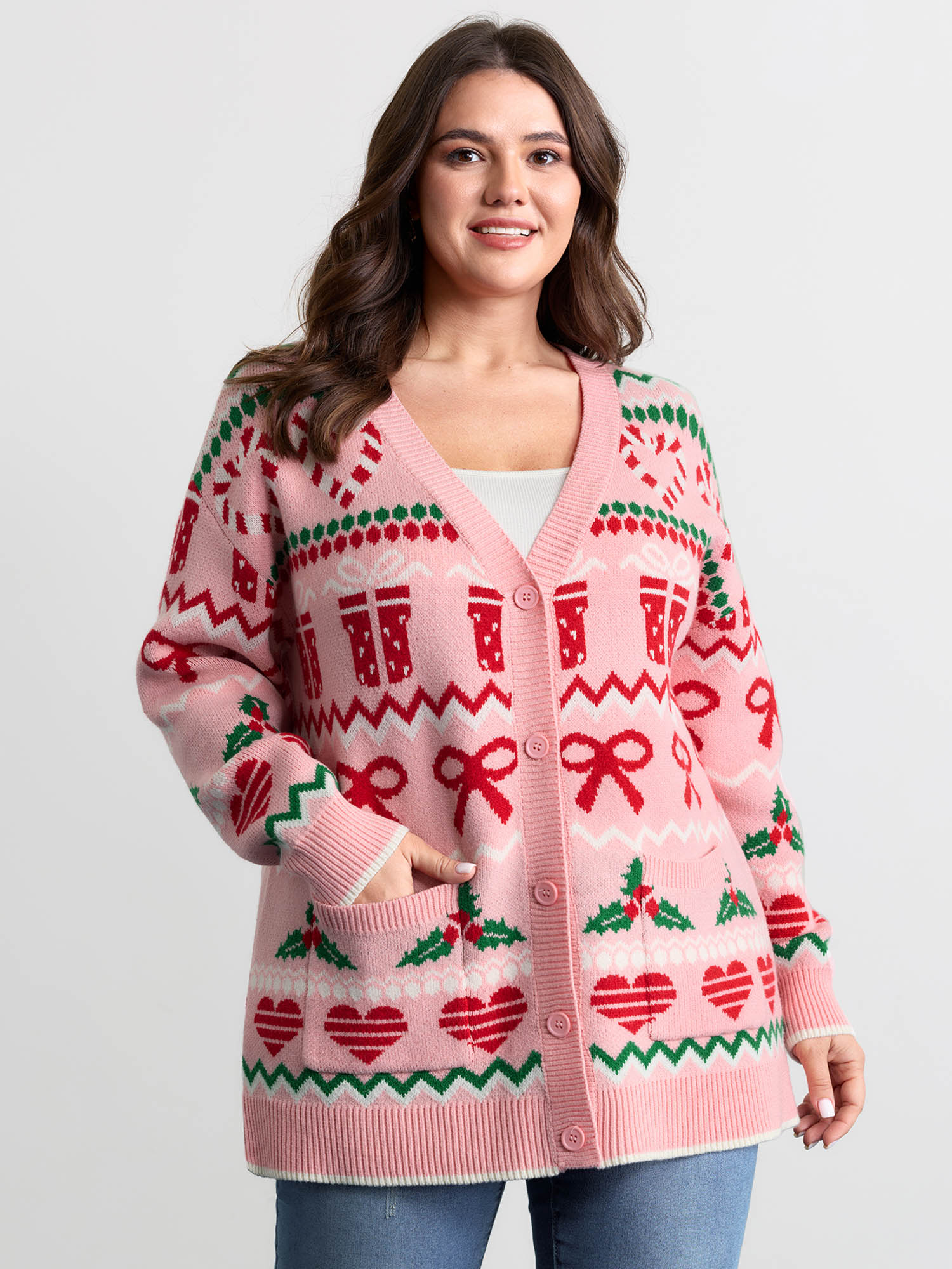 BloomChic Women's Plus Size Supersoft Everything Holiday Knit Cardigan Lightpink Long Sleeve V-Neck 10/M