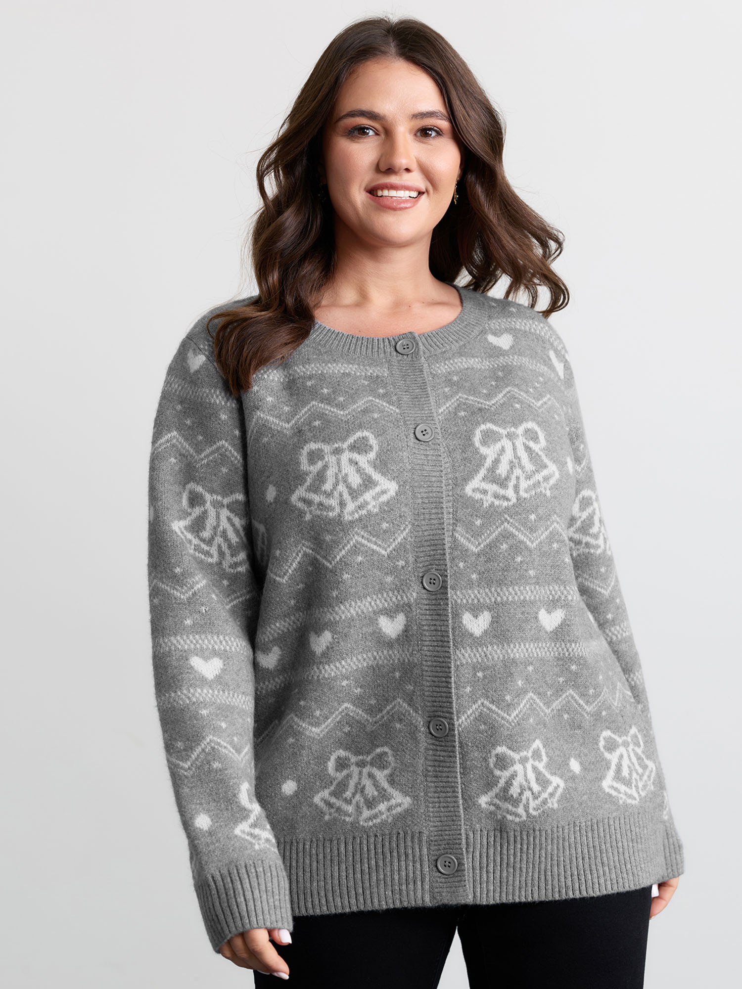 BloomChic Women's Plus Size Supersoft Holiday Bells Jacquard Button Knit Cardigan Mediumgray Long Sleeve 10/M