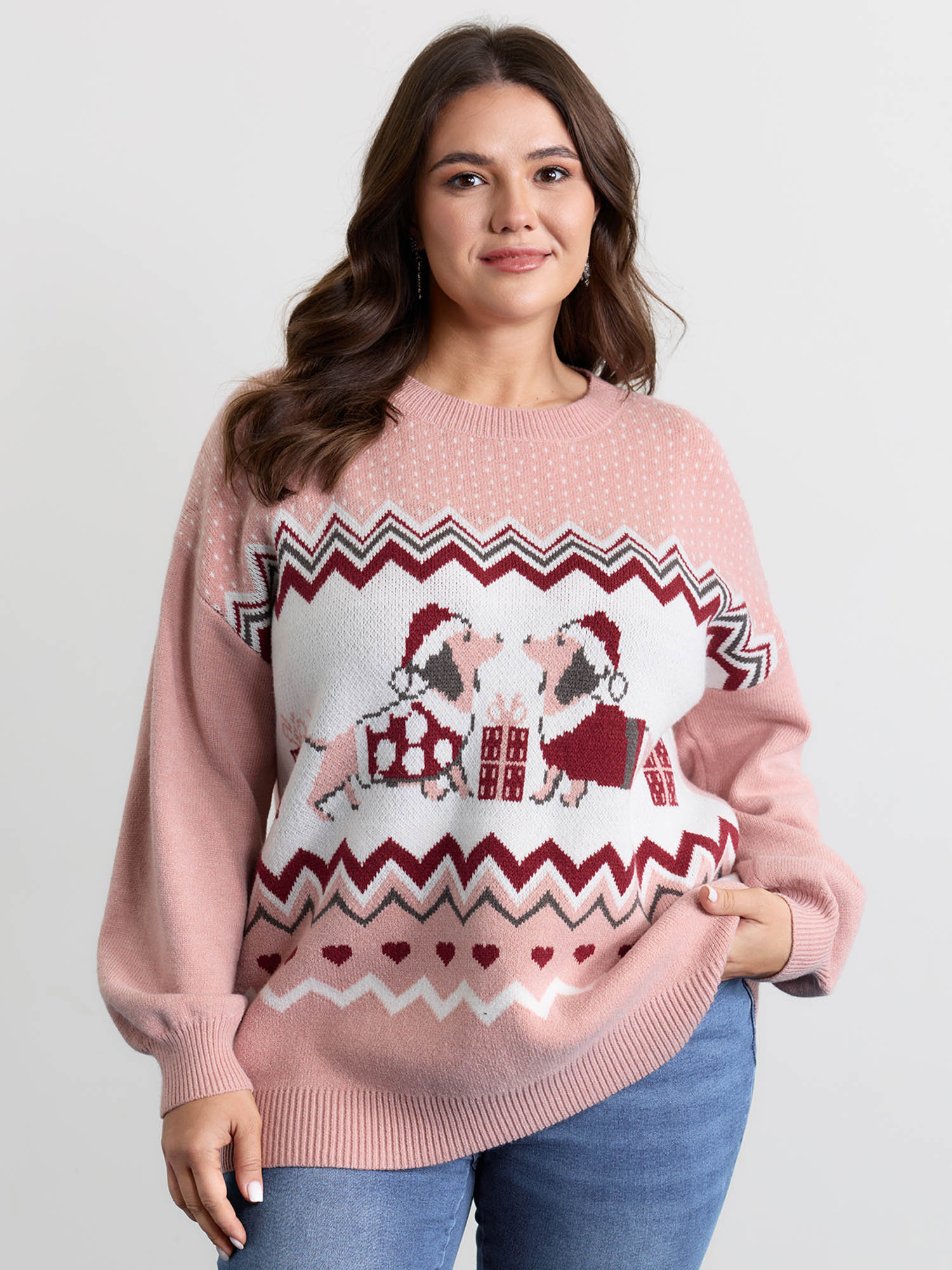 BloomChic Women's Plus Size Supersoft Holiday Pattern Drop Shoulder Pullover Lightpink Graphic-Christmas Long Sleeve Round Neck 10/M
