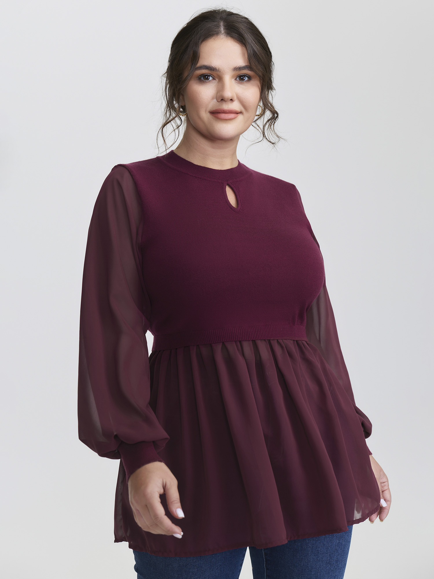 BloomChic Women's Plus Size Chiffon Cut-Out Sheer Pullover Burgundy not graphics Long Sleeve Keyhole Neck 22-24/3X