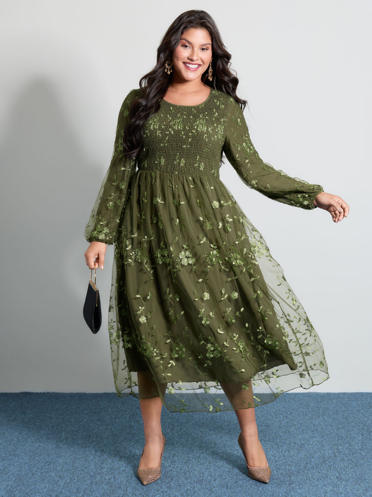 BloomChic Women's Plus Size Floral Embroidered Shirred Lined Midi Dress ArmyGreen Midi Occasion Embroidered 14-16/1X
