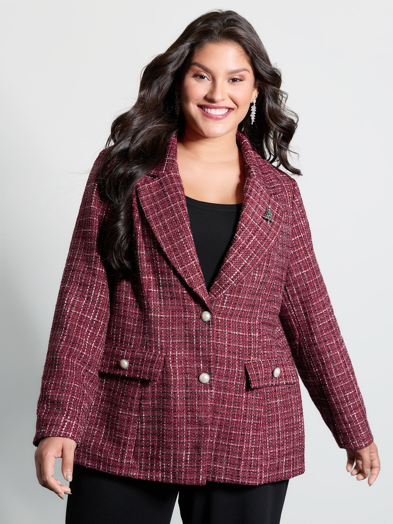 BloomChic Women's Plus Size Tweed Brooch Waist-Defining Blazer Burgundy Button Sleeve Extra Long Sleeve 12/L-image-47548933701802