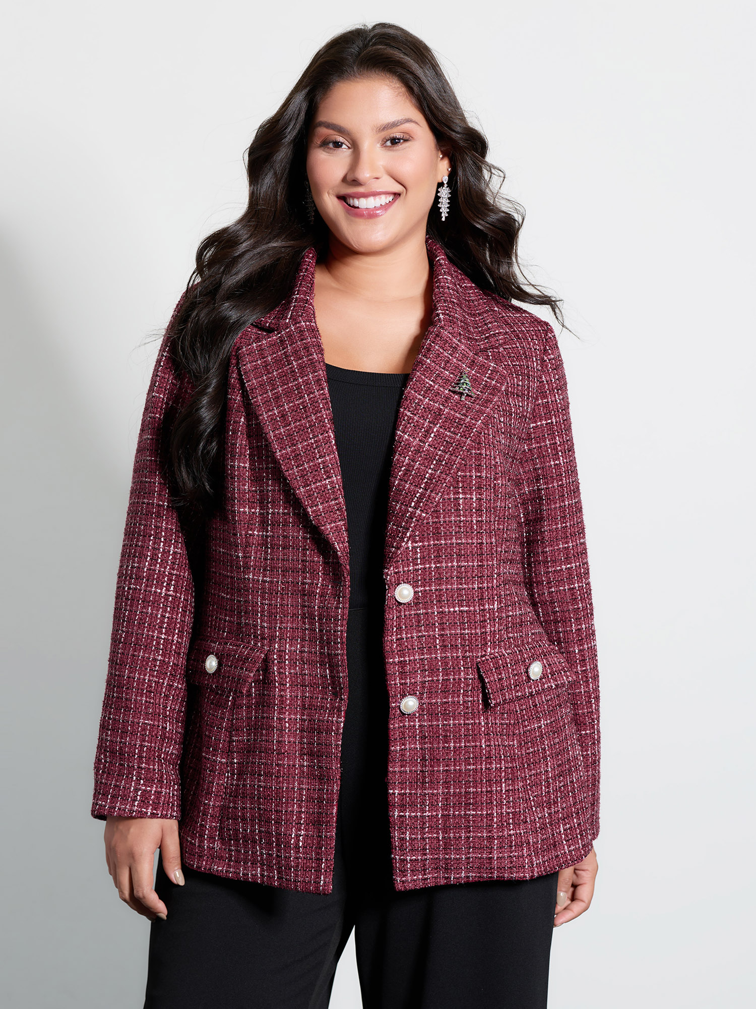 Side view of BloomChic Women's Plus Size Tweed Brooch Waist-Defining Blazer Burgundy Button Sleeve Extra Long Sleeve 12/L