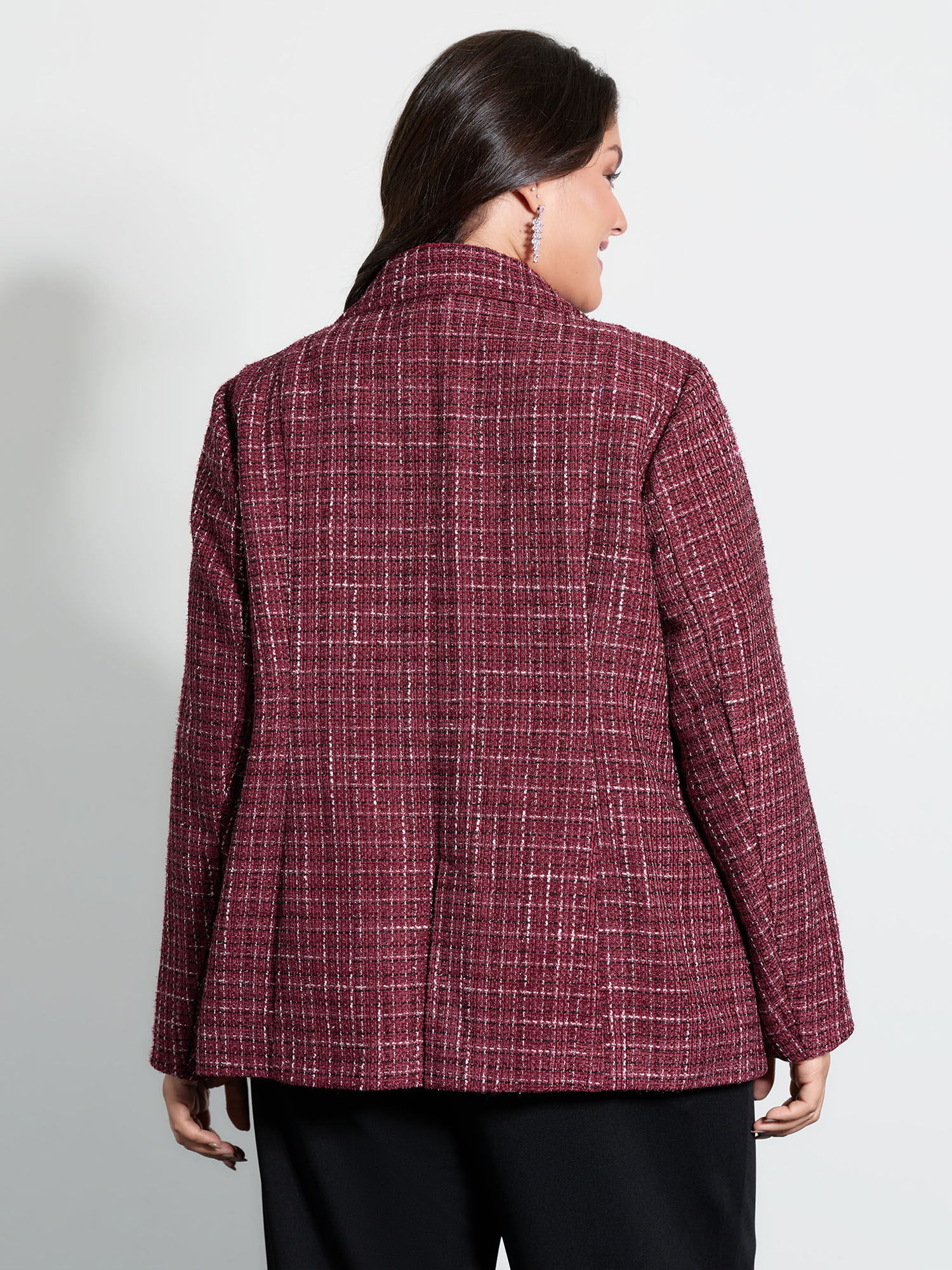 Side view of BloomChic Women's Plus Size Tweed Brooch Waist-Defining Blazer Burgundy Button Sleeve Extra Long Sleeve 12/L
