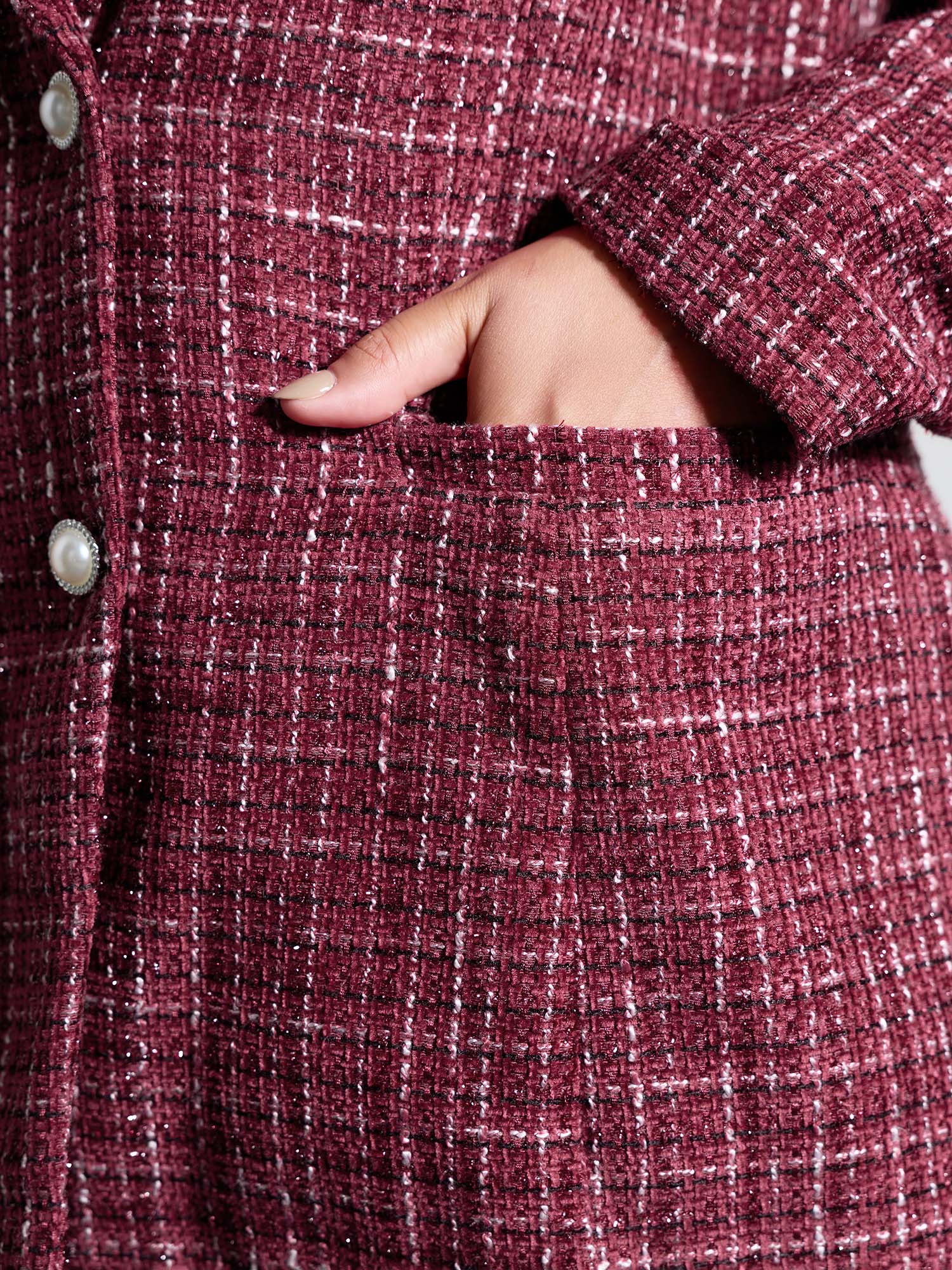 Side view of BloomChic Women's Plus Size Tweed Brooch Waist-Defining Blazer Burgundy Button Sleeve Extra Long Sleeve 12/L