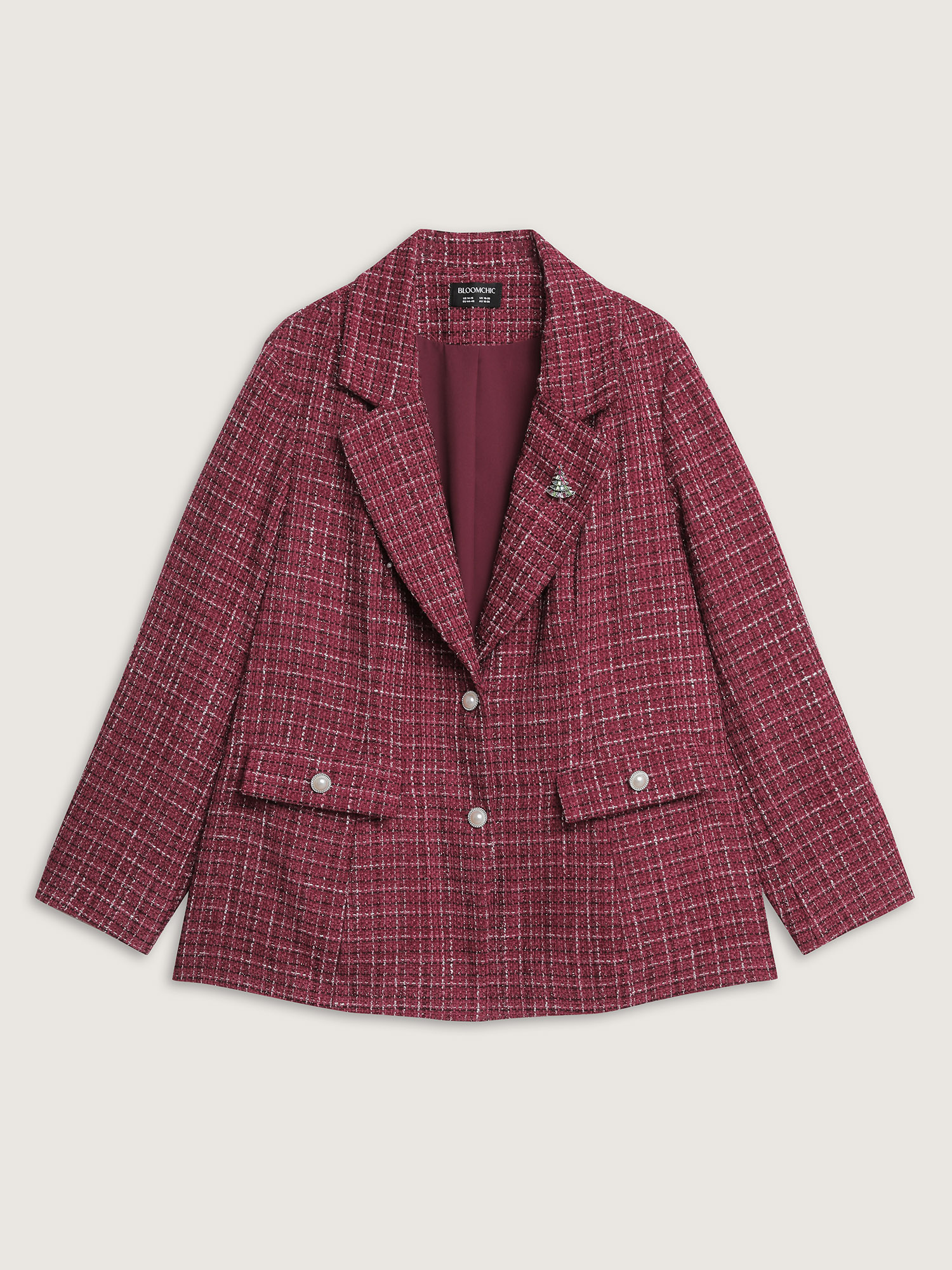 Side view of BloomChic Women's Plus Size Tweed Brooch Waist-Defining Blazer Burgundy Button Sleeve Extra Long Sleeve 12/L
