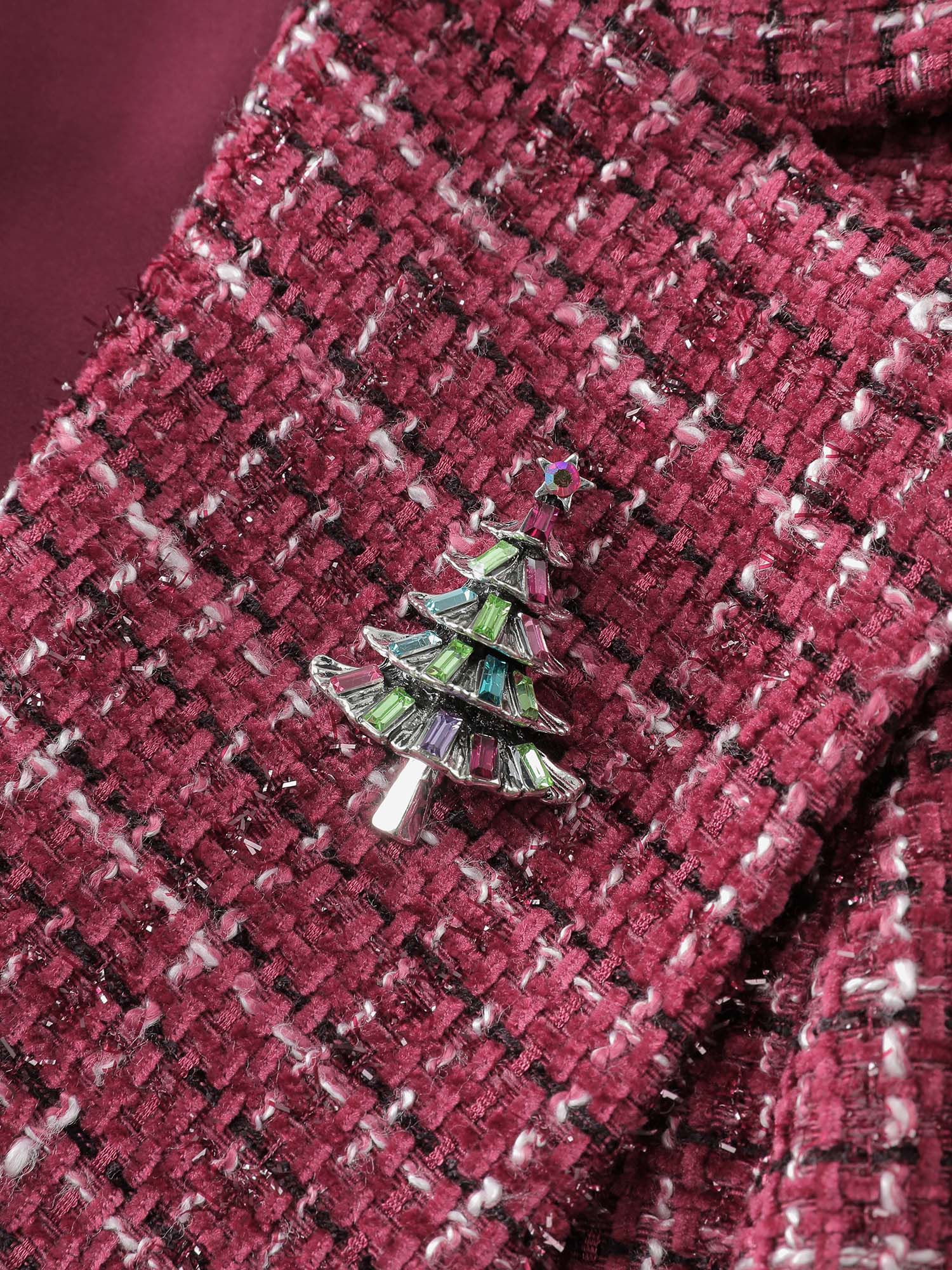 Side view of BloomChic Women's Plus Size Tweed Brooch Waist-Defining Blazer Burgundy Button Sleeve Extra Long Sleeve 12/L