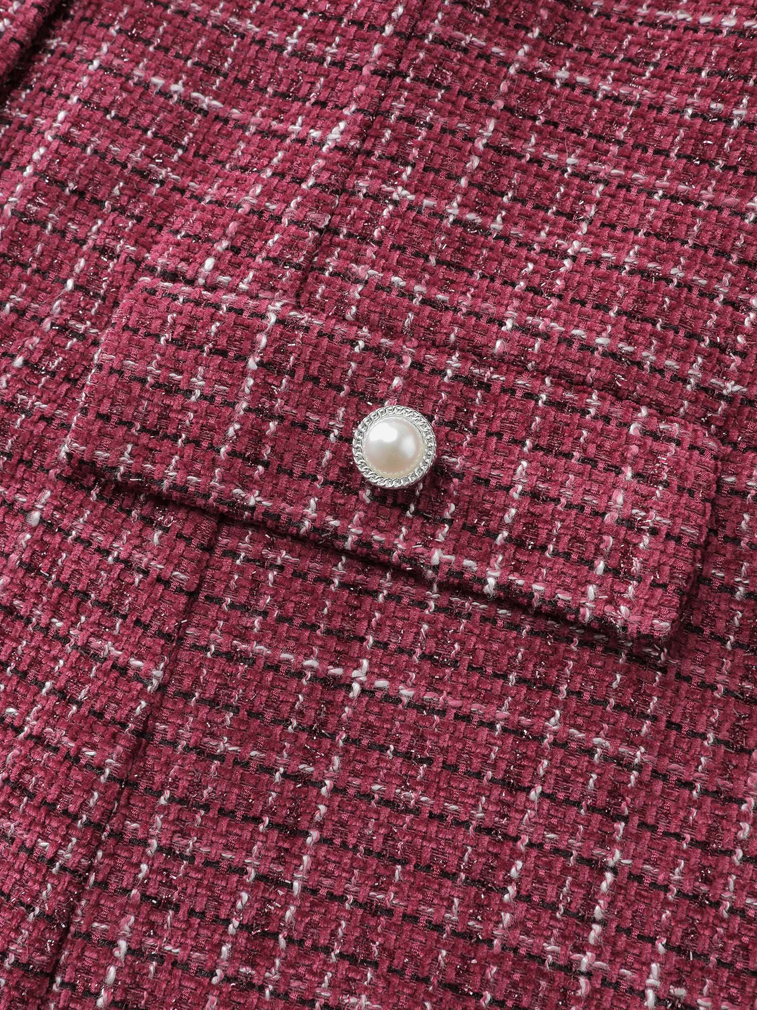 Side view of BloomChic Women's Plus Size Tweed Brooch Waist-Defining Blazer Burgundy Button Sleeve Extra Long Sleeve 12/L