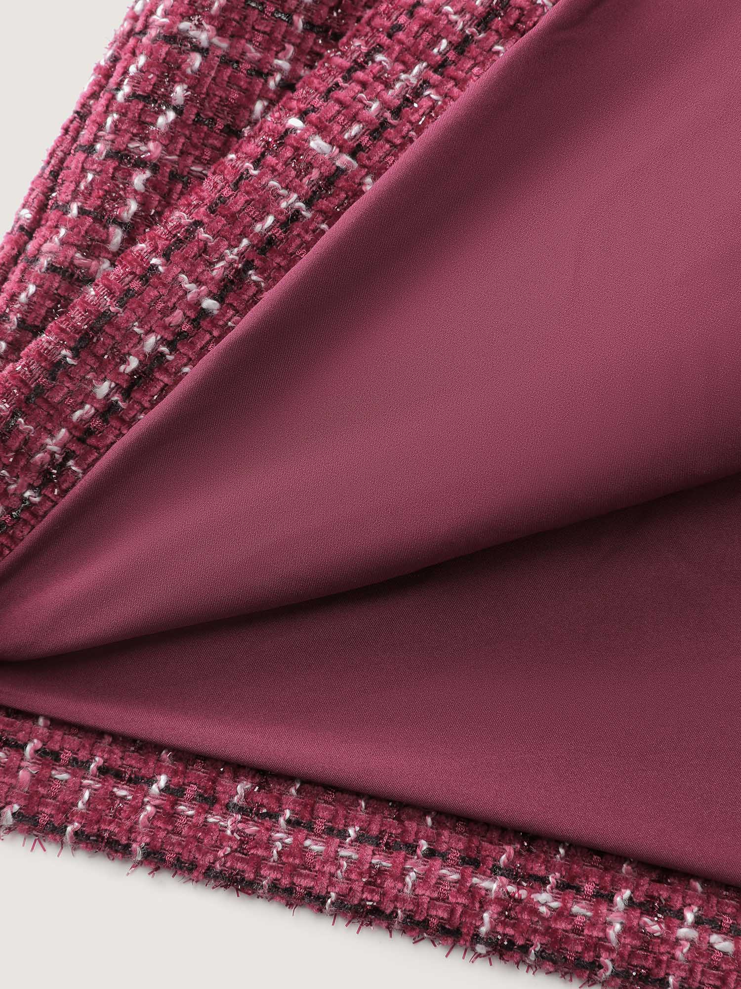 Side view of BloomChic Women's Plus Size Tweed Brooch Waist-Defining Blazer Burgundy Button Sleeve Extra Long Sleeve 12/L