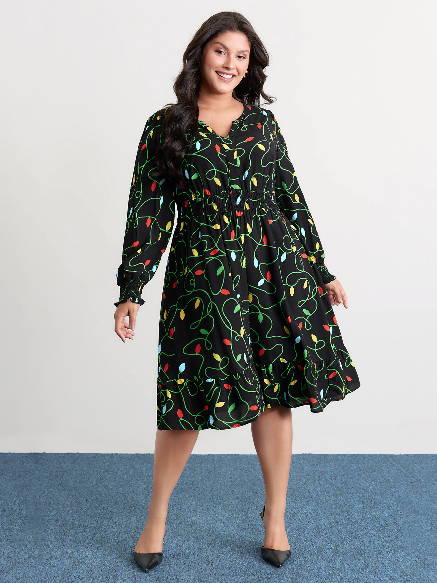 BloomChic Women's Plus Size Holiday Lights Triple Elastic Waistband Midi Dress Black Geometric Midi Everyday-Elegant Non 10/M