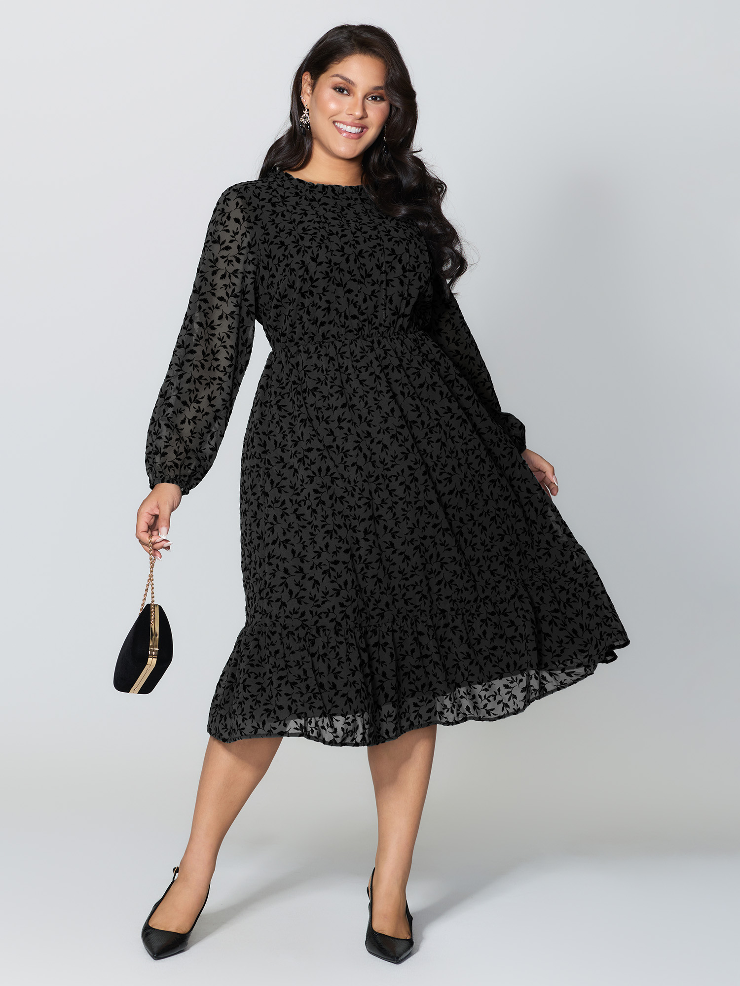 BloomChic Women's Plus Size Flocked Floral Shirred Ruffled Neck Midi Dress Black Elegant Midi Ruched Round Neck 22-24/3X-image-47572495532202