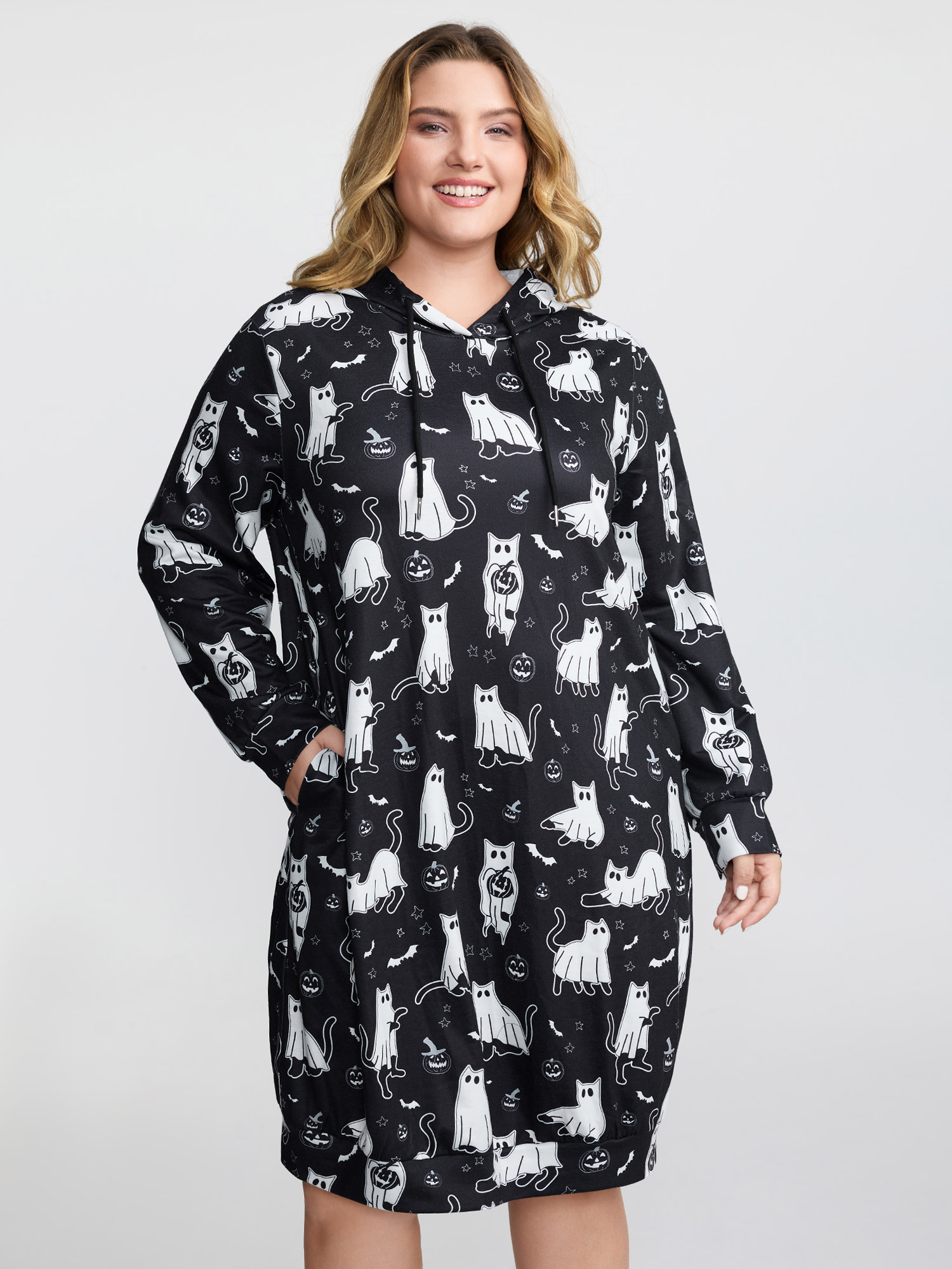 BloomChic Women's Plus Size Pumpkin Cat Print Hooded Midi Lounge Dress BlackFlower Knee 26/4X-image-48404857487530