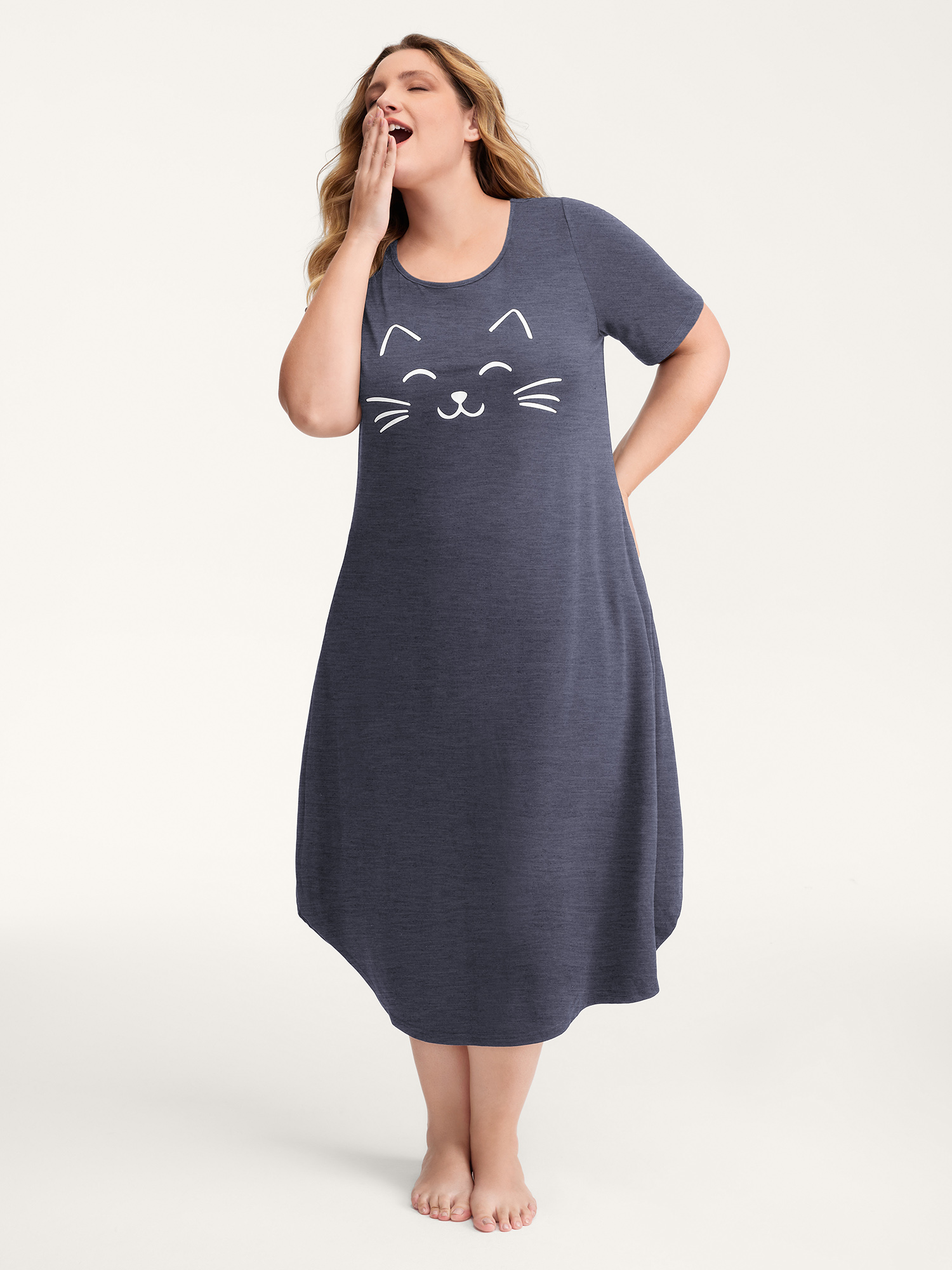 BloomChic Women's Plus Size Happy Cat Print Stretchy Contrast Nightgown Indigo Short sleeve Round Neck 22-24/3X-image-47573546795178
