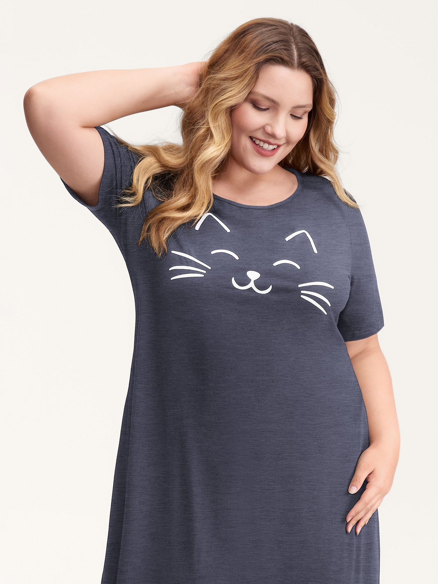 Side view of BloomChic Women's Plus Size Happy Cat Print Stretchy Contrast Nightgown Indigo Short sleeve Round Neck 18-20/2X