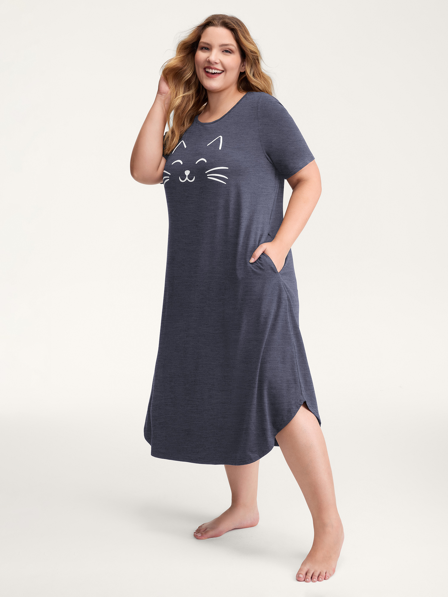 Side view of BloomChic Women's Plus Size Happy Cat Print Stretchy Contrast Nightgown Indigo Short sleeve Round Neck 18-20/2X