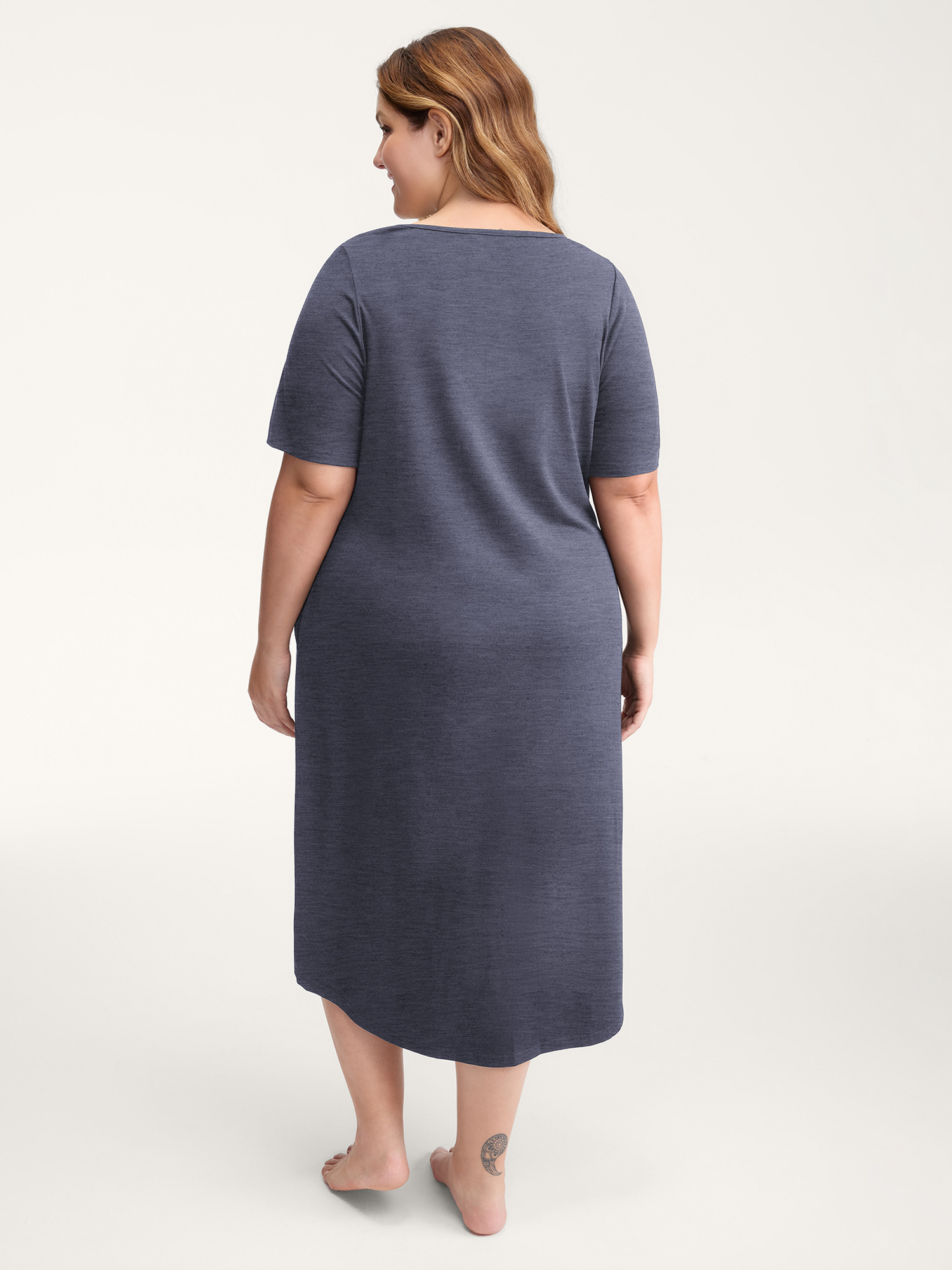 Side view of BloomChic Women's Plus Size Happy Cat Print Stretchy Contrast Nightgown Indigo Short sleeve Round Neck 18-20/2X